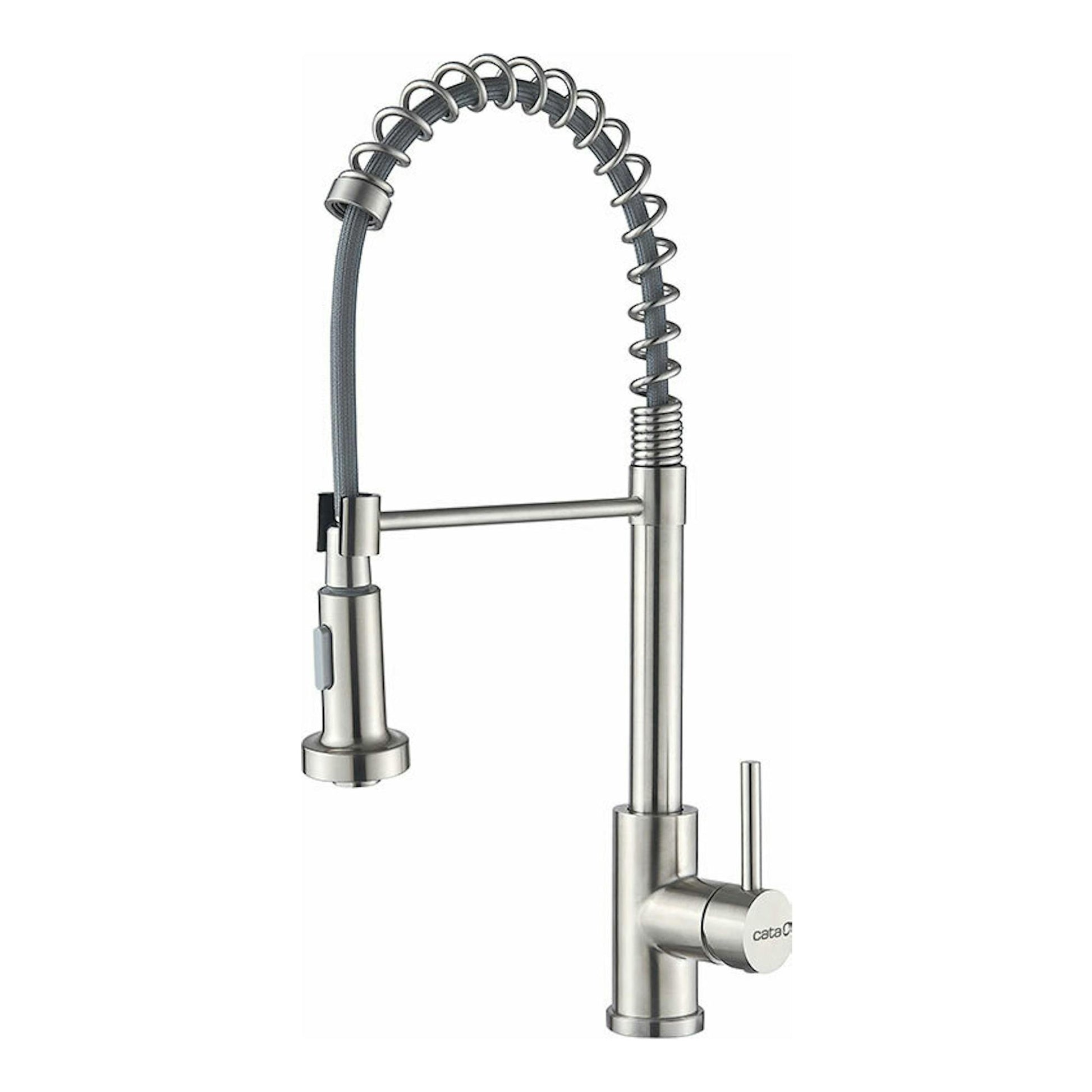Grifo Cata XPB/A Inox de acero inoxidable, vista frontal, con caño flexible en espiral.