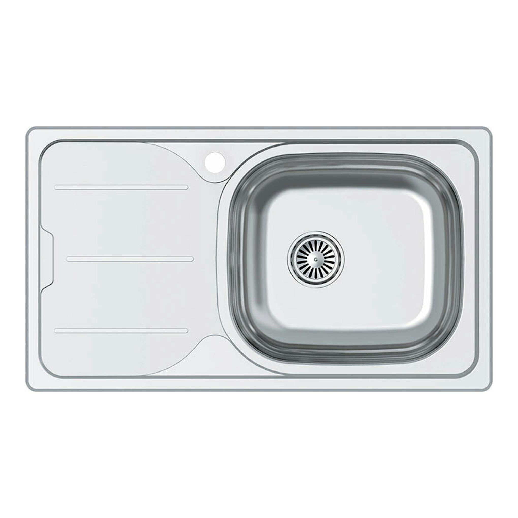 Fregadero Cata CDS1EI/A de acero inox, vista cenital, con cubeta a la derecha y escurridor a la izquierda.