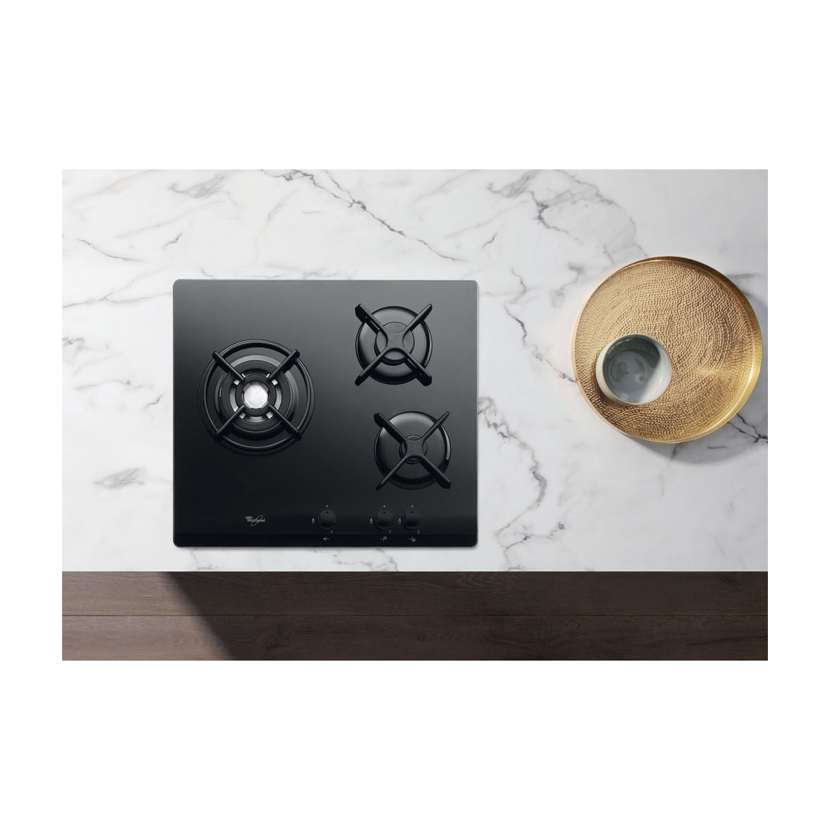 Placa de gas Whirlpool AKT 404/NB, 3 quemadores y cristal negro