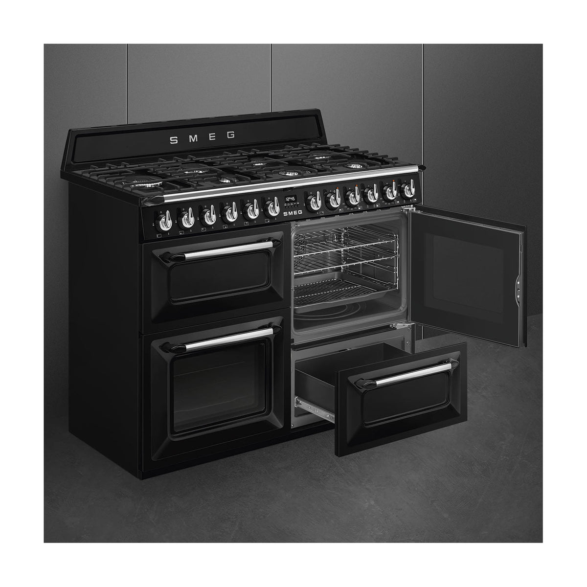 Cocina de gas Smeg TR4110BL1 Victoria de 110 cm con tres hornos eléctricos