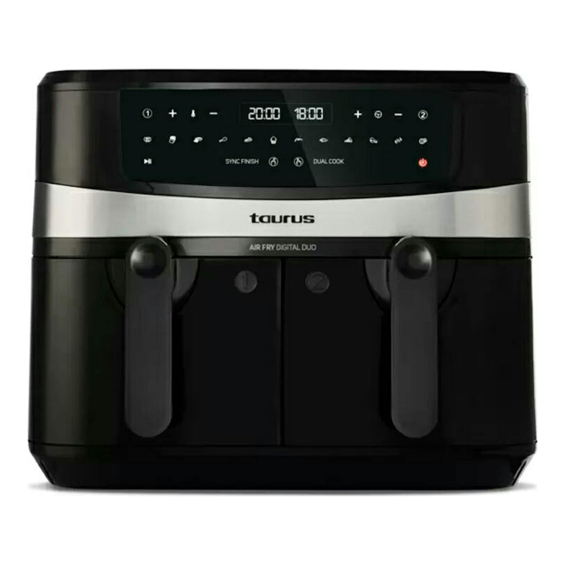 Freidora de aire Taurus Air Fry Digital Duo, negra y plateada, vista frontal con dos cestas y panel digital.
