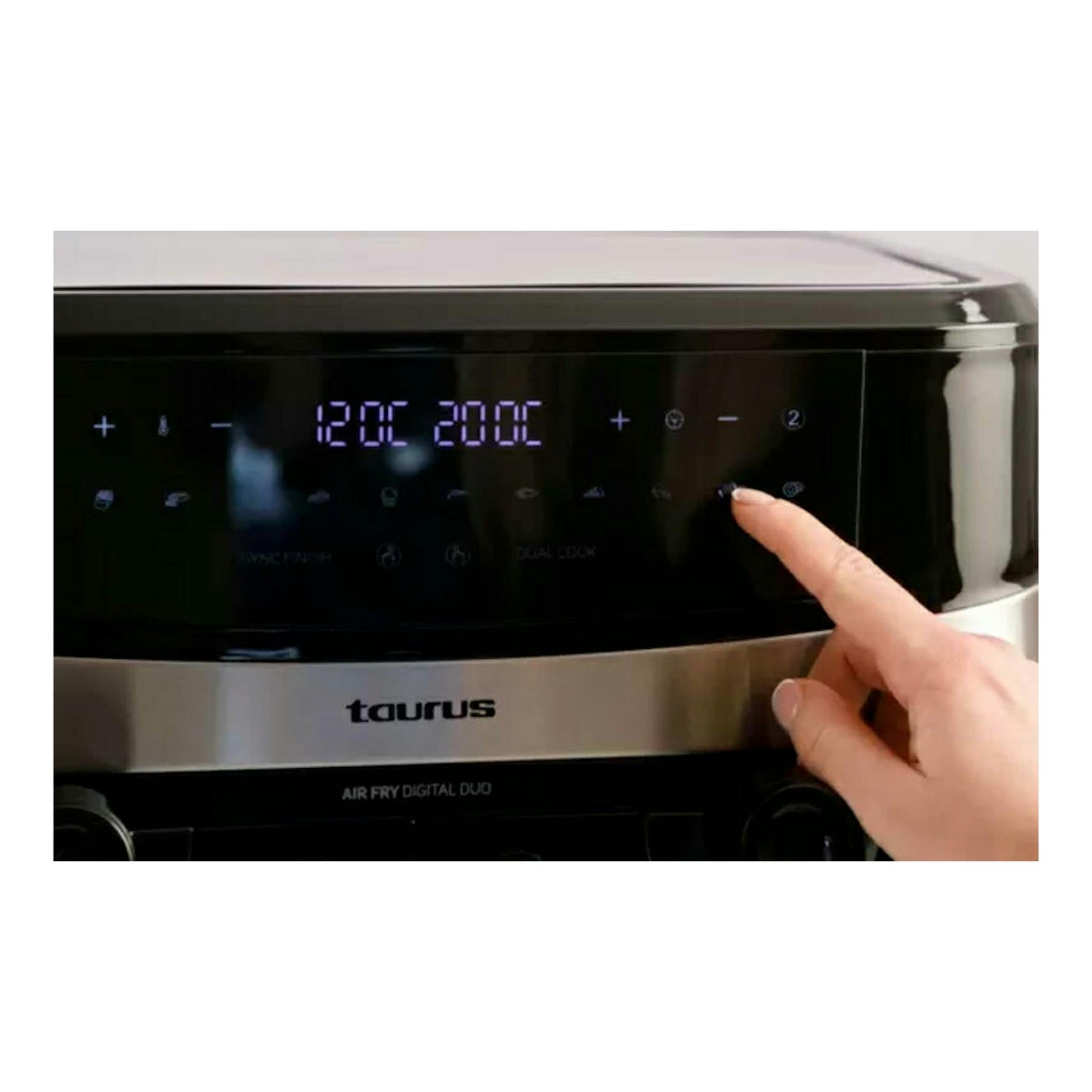 Freidora de aire Taurus Air Fry Digital Duo, vista frontal en negro y acero, con panel táctil iluminado.