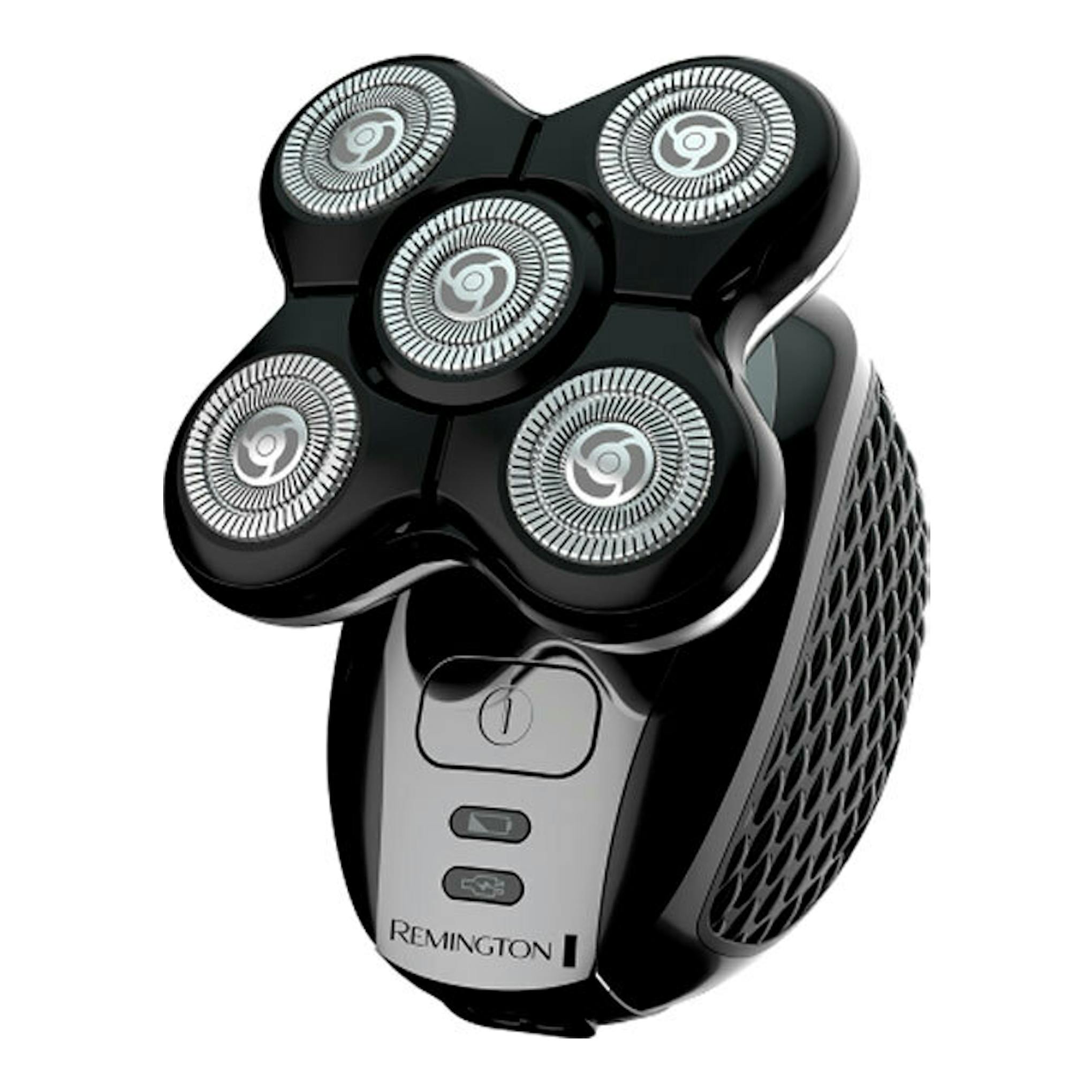 Afeitadora eléctrica Remington XR1500 negra, vista frontal en ángulo, con cabezal de 5 discos.
