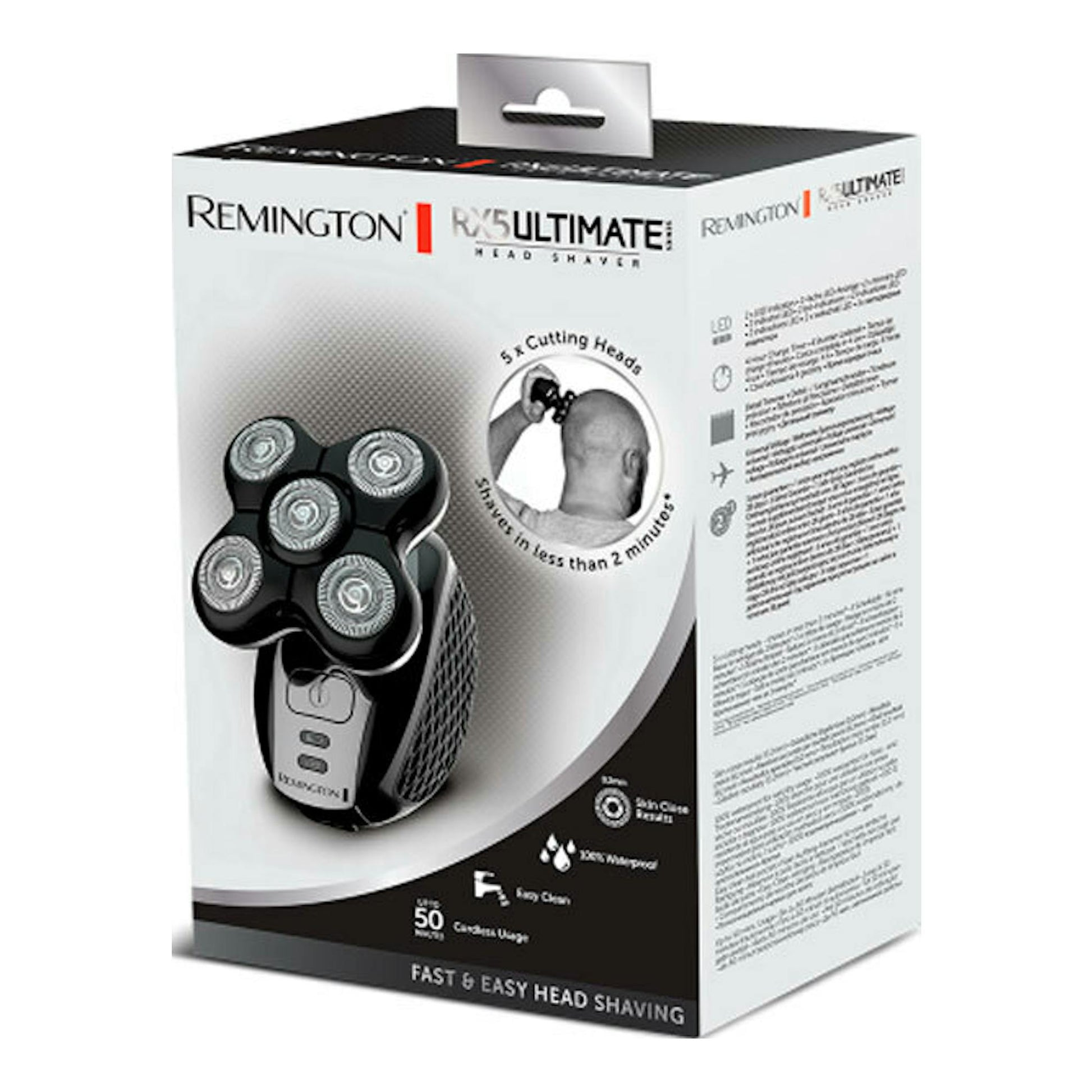 Caja de la afeitadora Remington R5 Ultimate Head Shaver negra, vista en ángulo de tres cuartos.