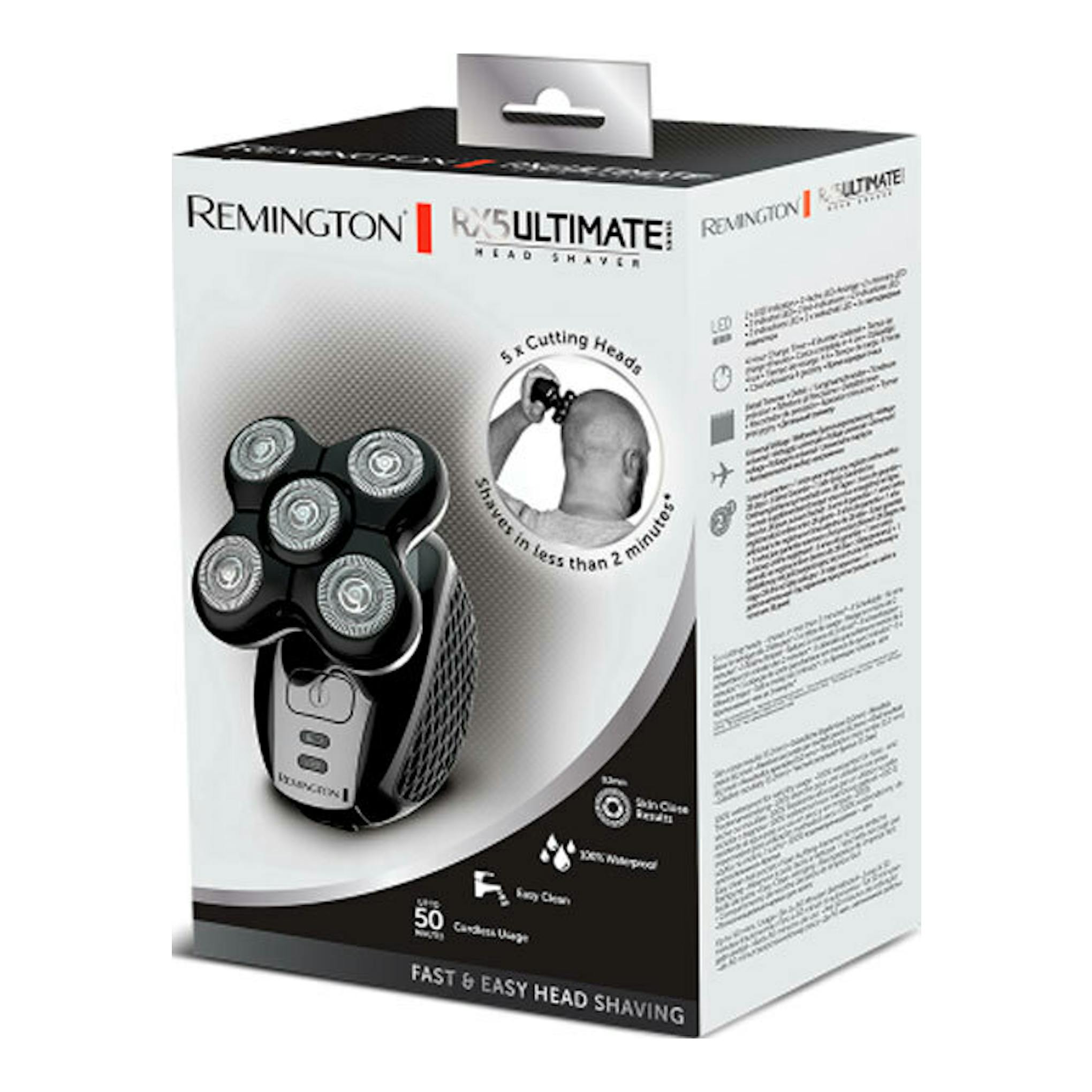 Caja de la afeitadora Remington R5 Ultimate Head Shaver negra, vista en ángulo de tres cuartos.