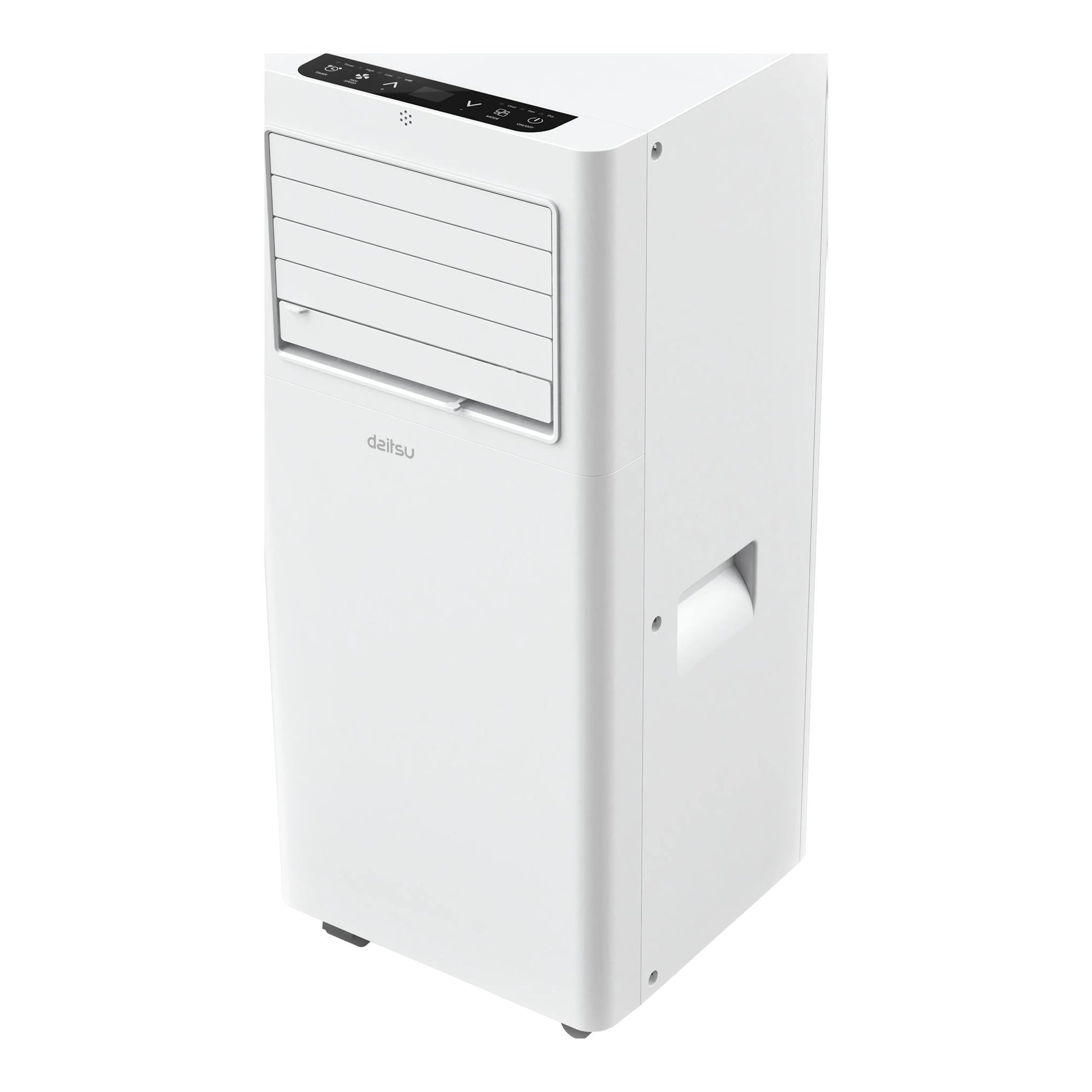 Aire acondicionado portátil Daitsu APD07FX, blanco, vista frontal en ángulo con panel superior negro.