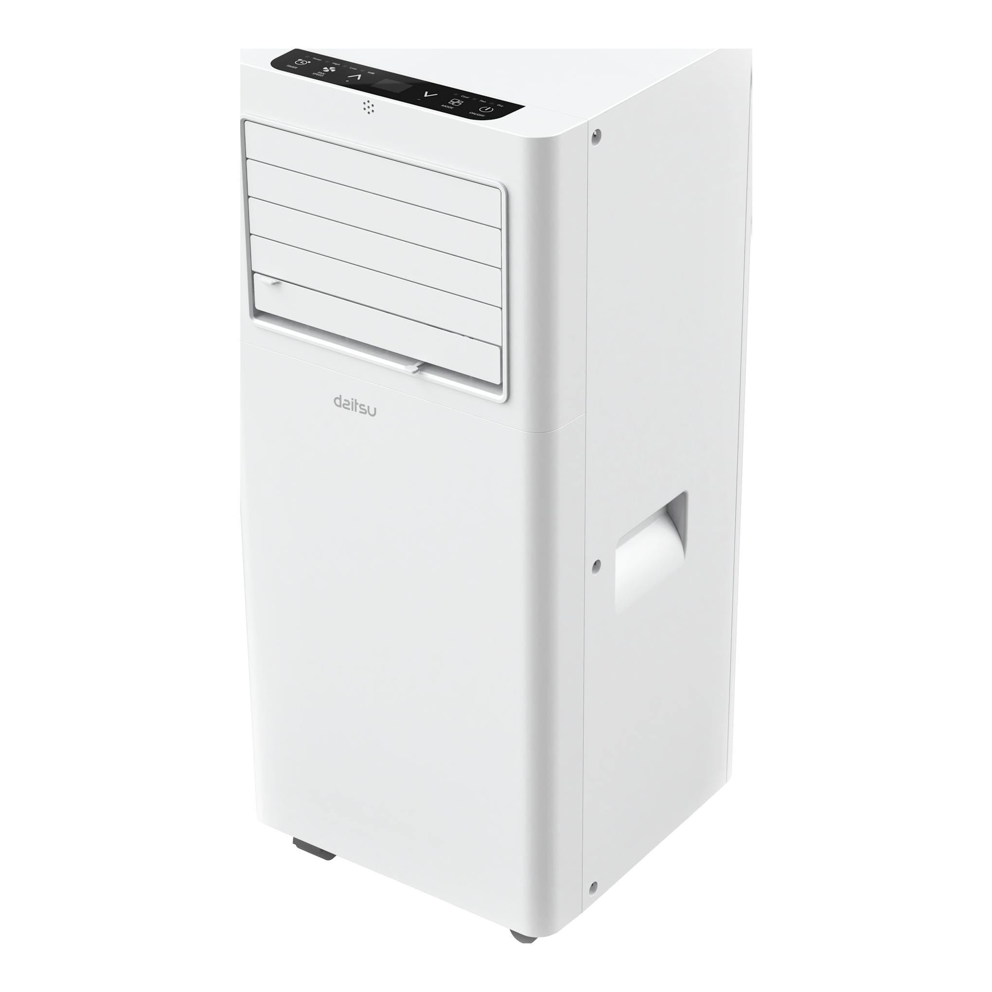 Aire acondicionado portátil Daitsu APD07FX, blanco, vista frontal en ángulo con panel superior negro.