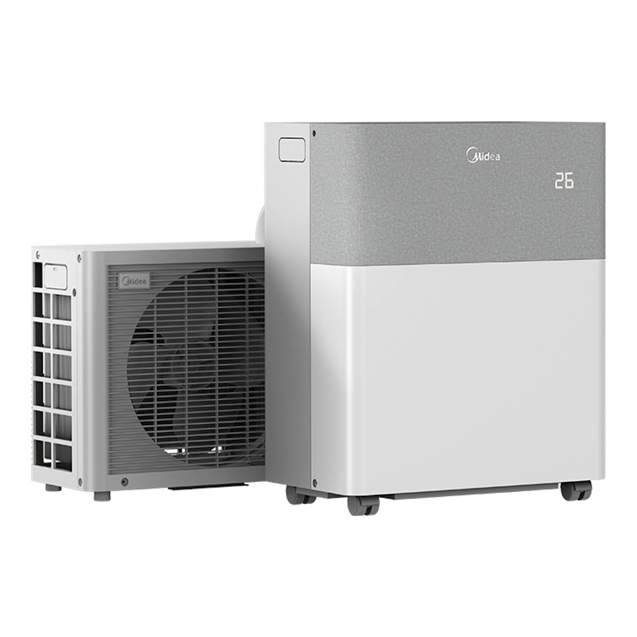 Midea PortaSplit MMCS-12HRN8-QRD0, unidad interior y exterior grises en vista frontal.
