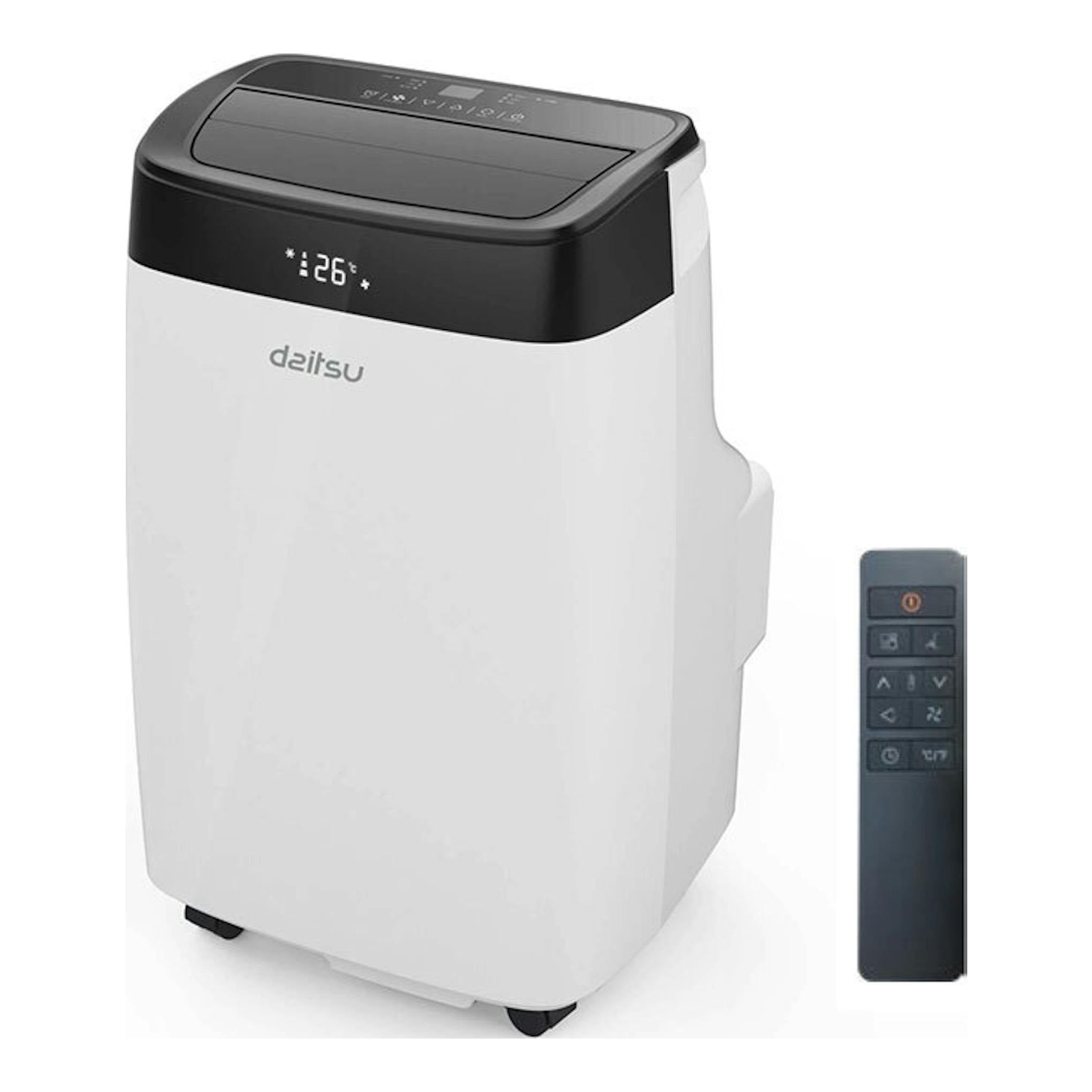 Aire acondicionado portátil Daitsu APD 12FCX blanco y negro, vista frontal en ángulo, con mando a distancia.
