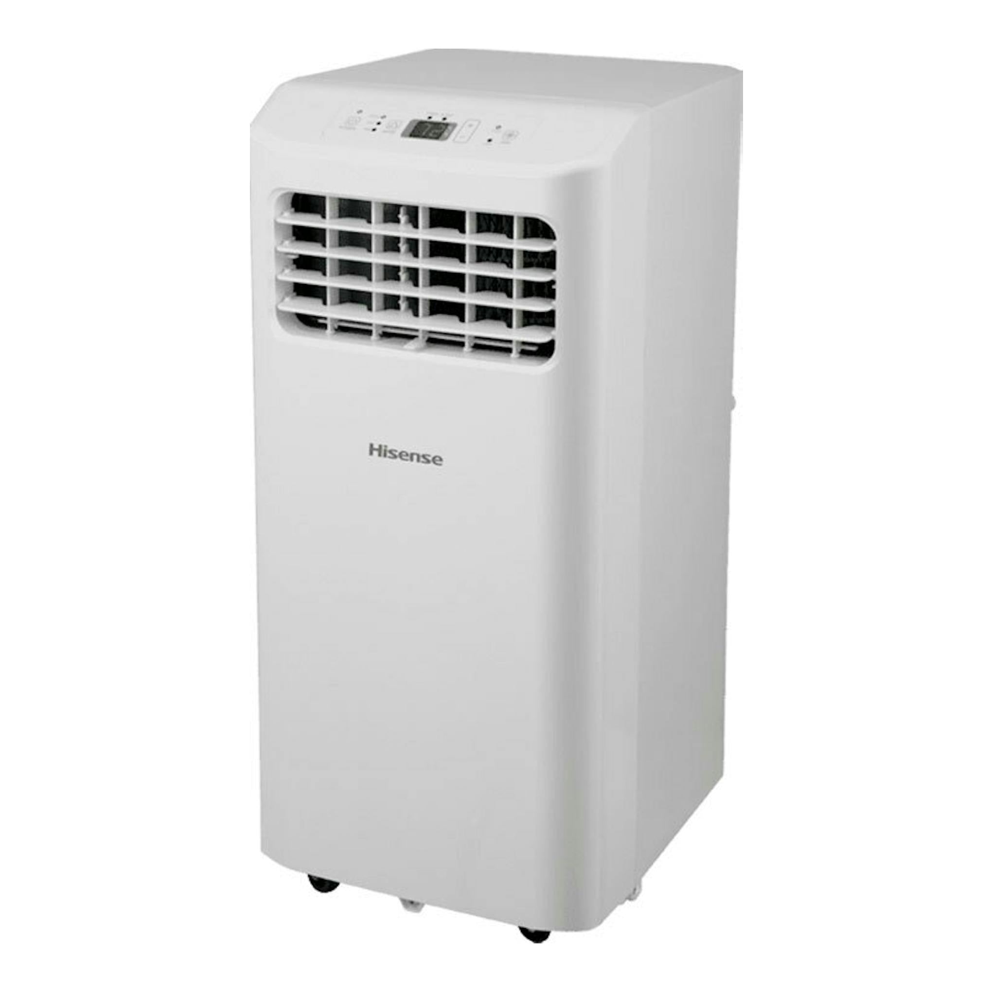 Aire acondicionado portátil Hisense APC09KV, blanco, vista frontal en ángulo, con rejilla y panel superior.