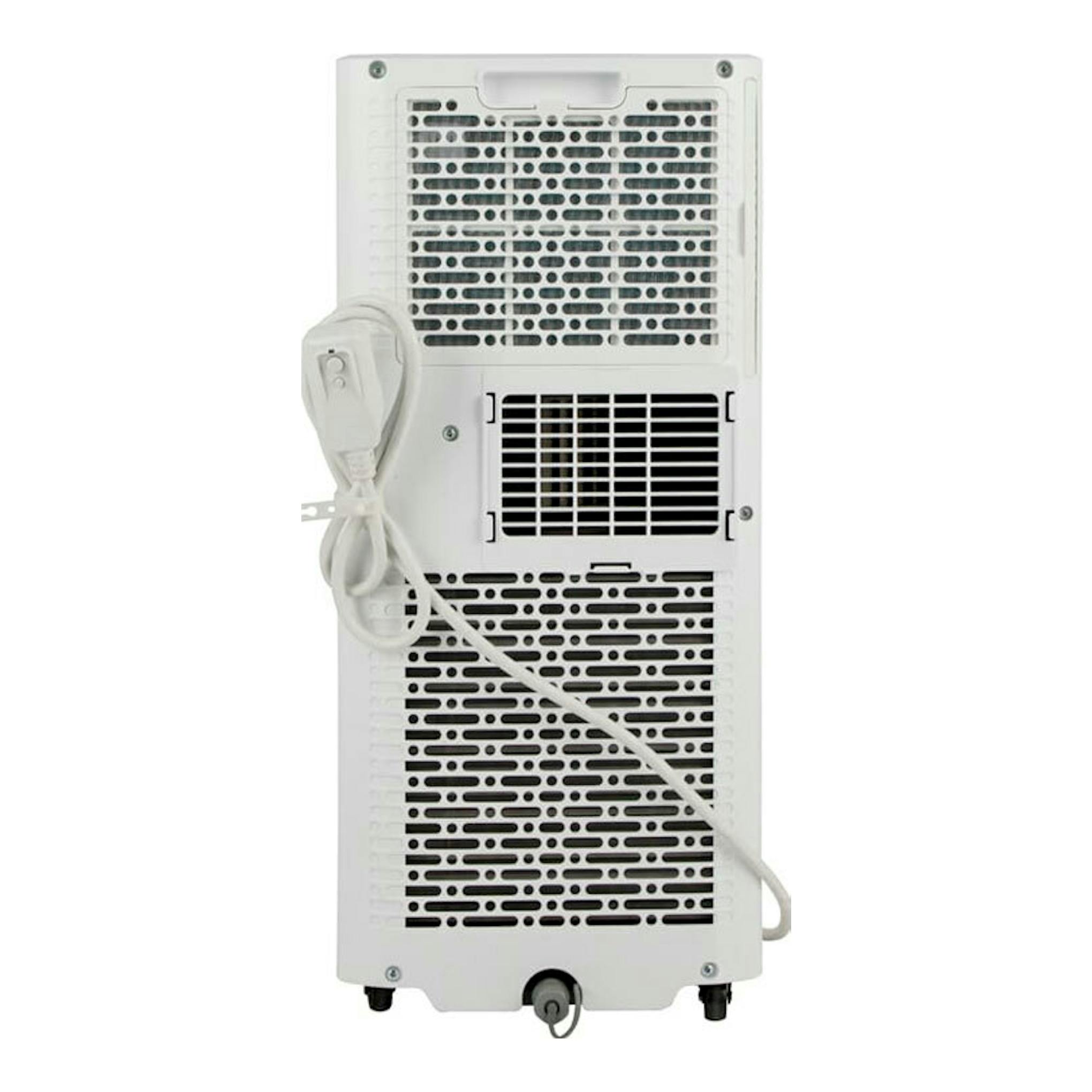 Aire acondicionado portátil Hisense APC09KV, vista trasera blanca con rejillas y cable enrollado.