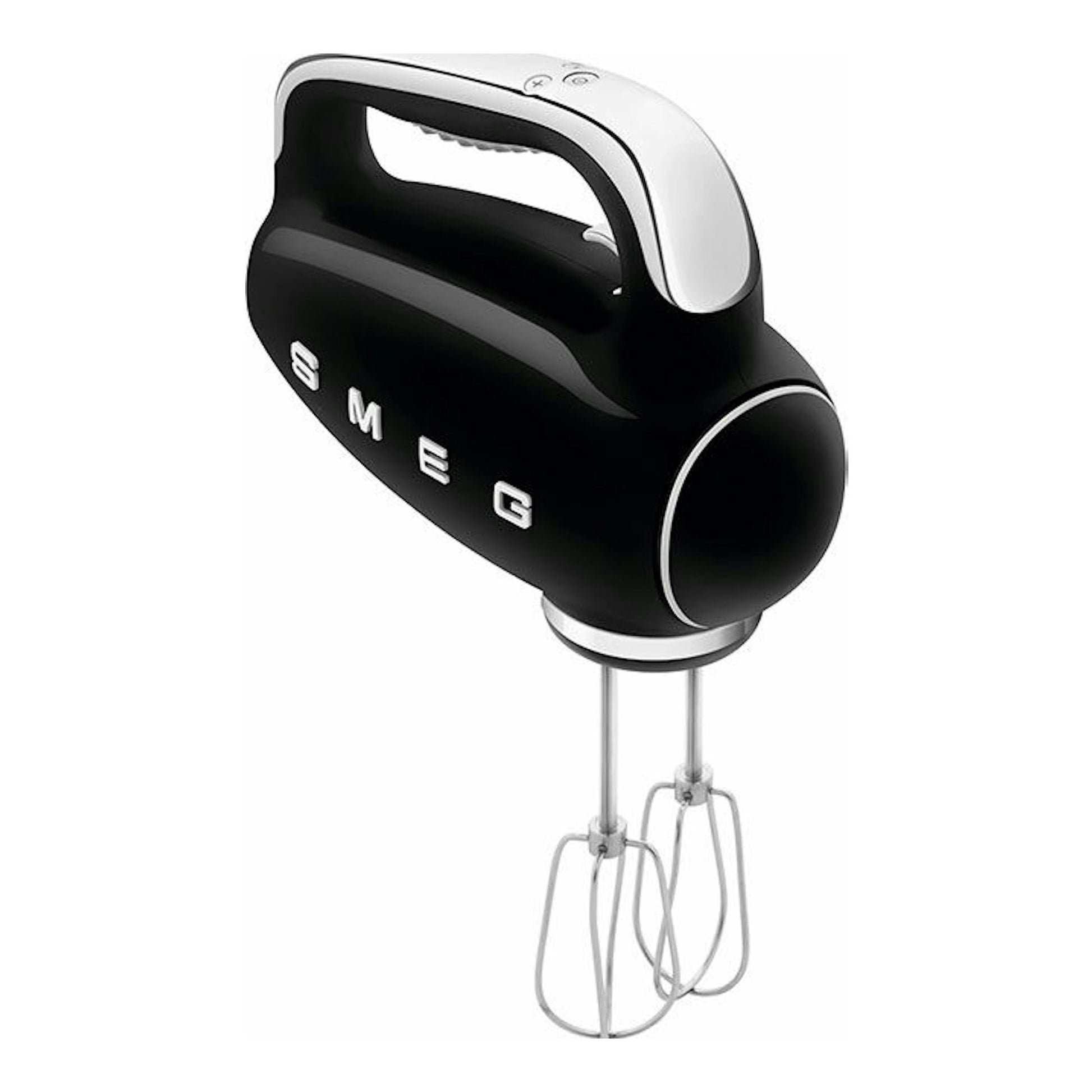 Batidora de mano Smeg HMF01BLEU negra con detalles plateados, vista frontal inclinada, con varillas.