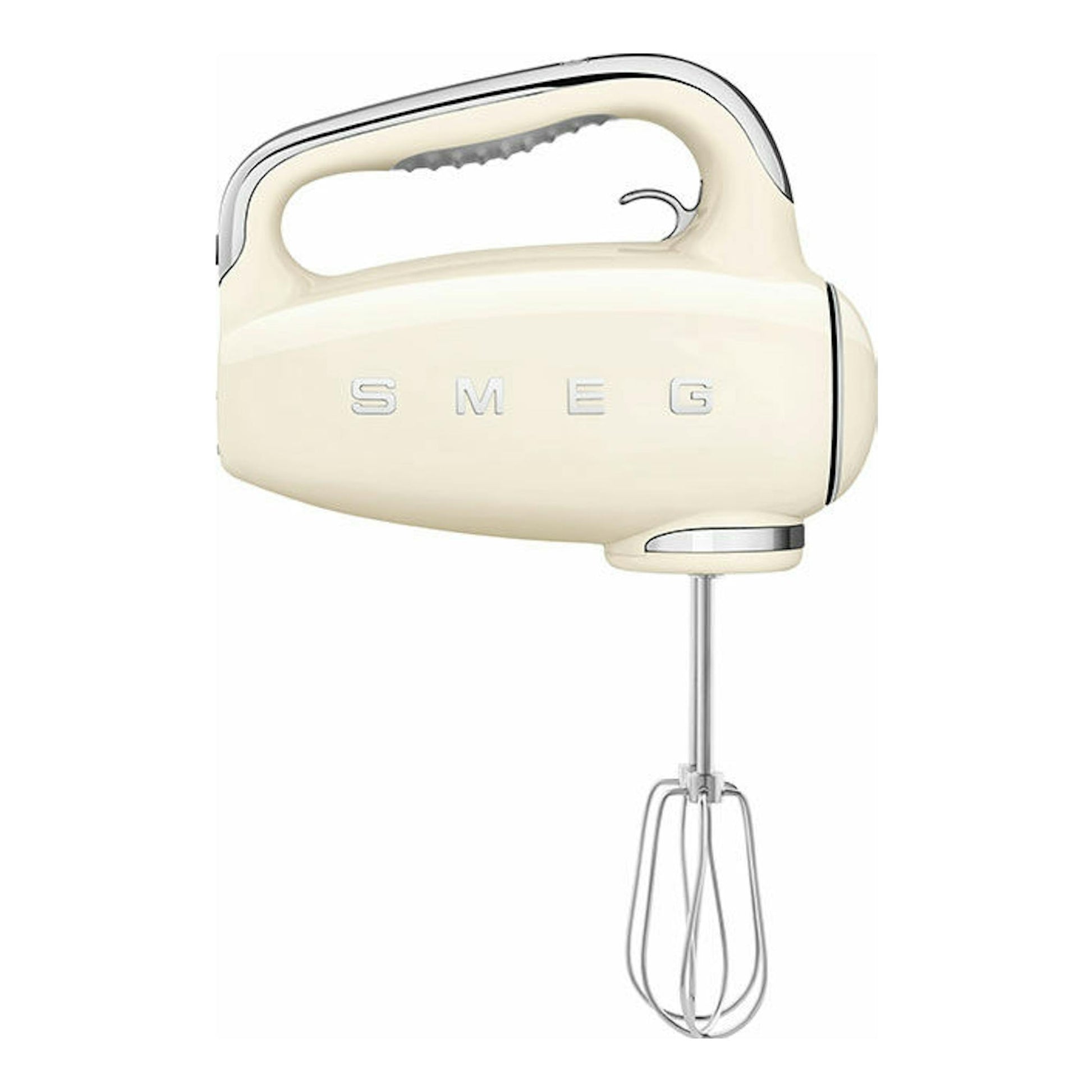 Batidora de mano Smeg HMF01CREU color crema, vista lateral con varilla batidora.