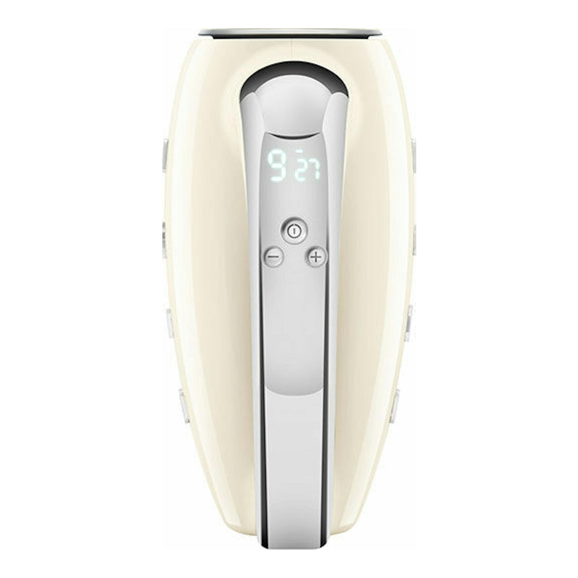 Amasadora Smeg HMF01CREU color crema, vista frontal, con pantalla digital y botones en carcasa plateada.