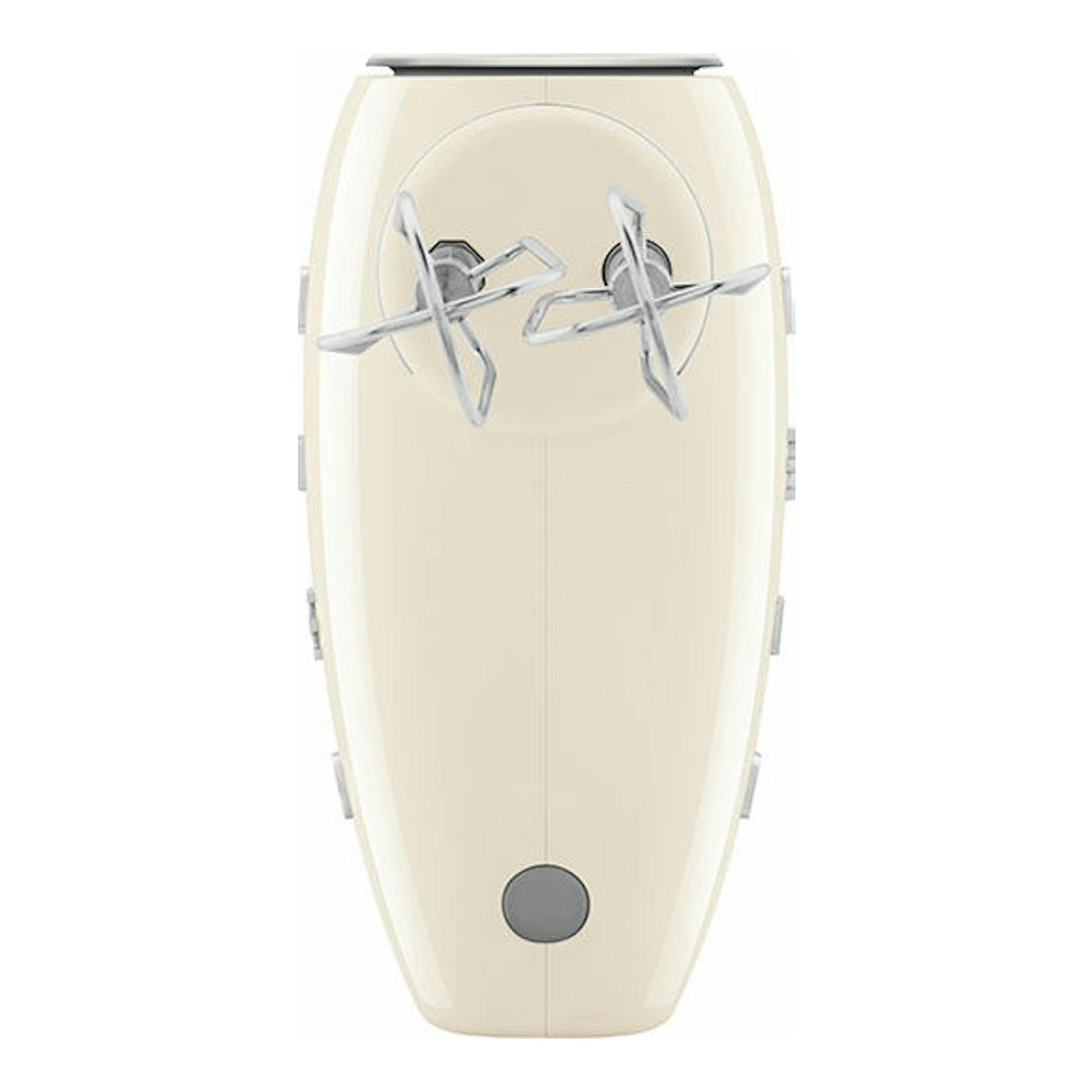Amasadora Smeg HMF01CREU color crema, vista frontal con dos varillas batidoras sobre fondo blanco.