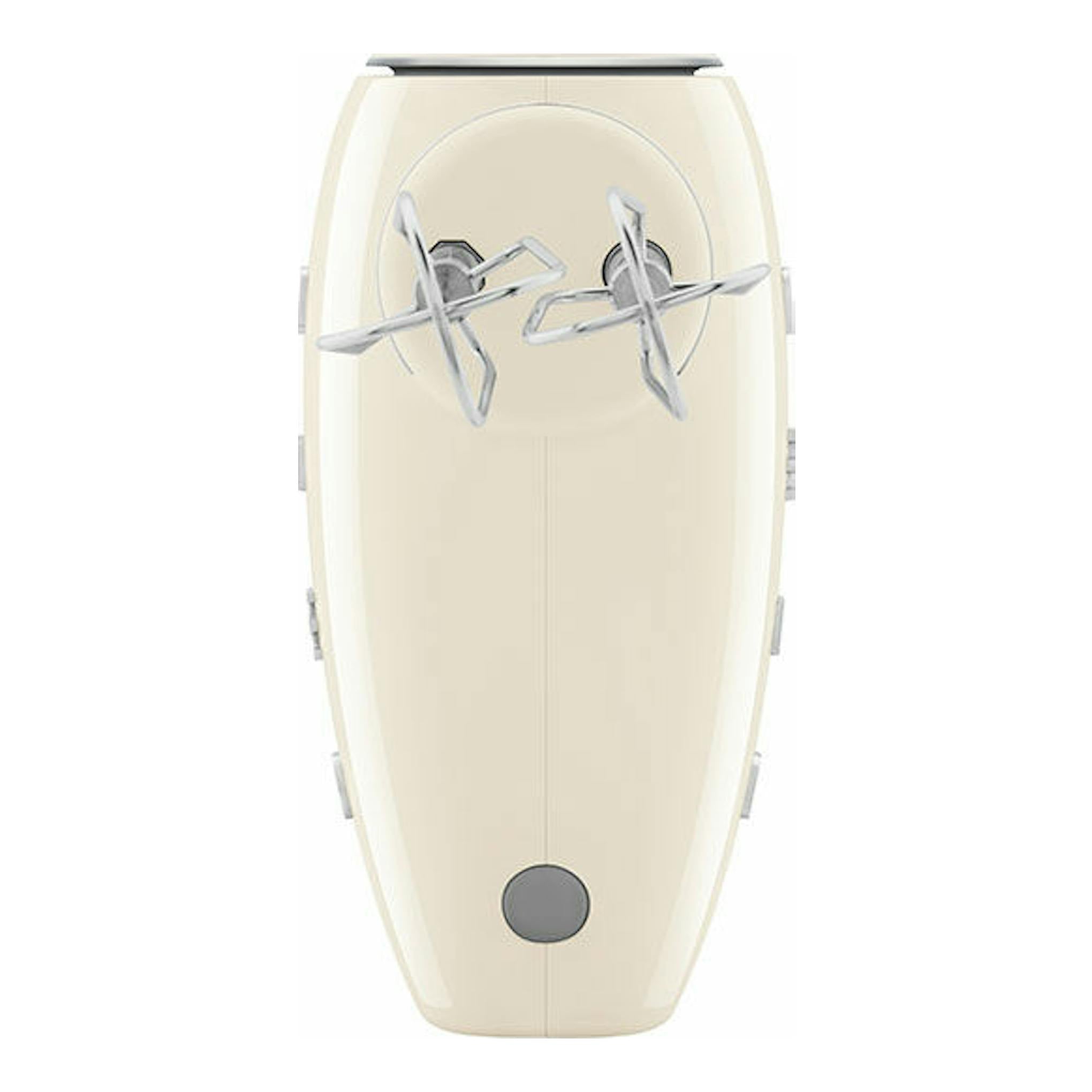 Amasadora Smeg HMF01CREU color crema, vista frontal con dos varillas batidoras sobre fondo blanco.