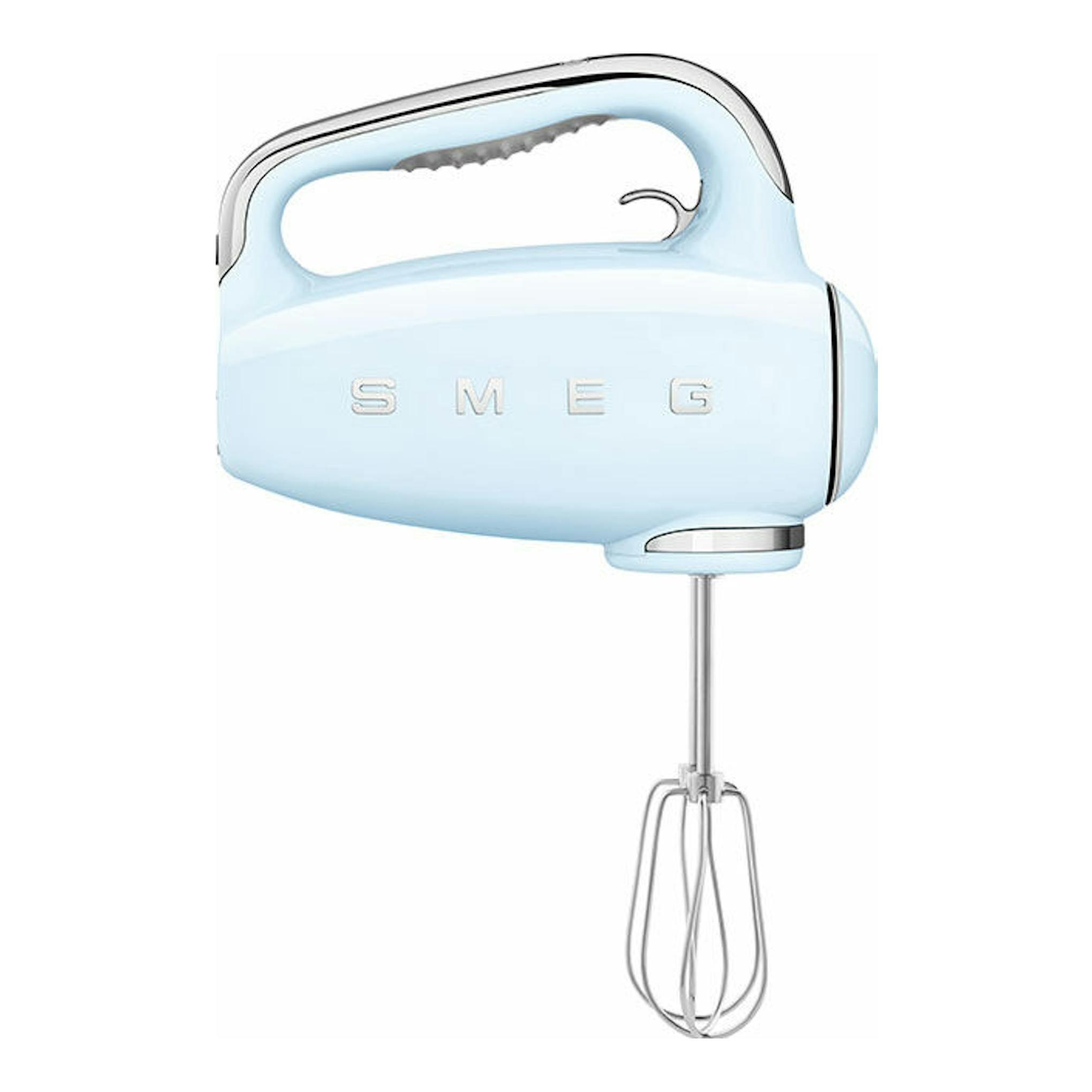 Batidora amasadora Smeg HMF01PBEU azul claro, vista lateral, con varillas.