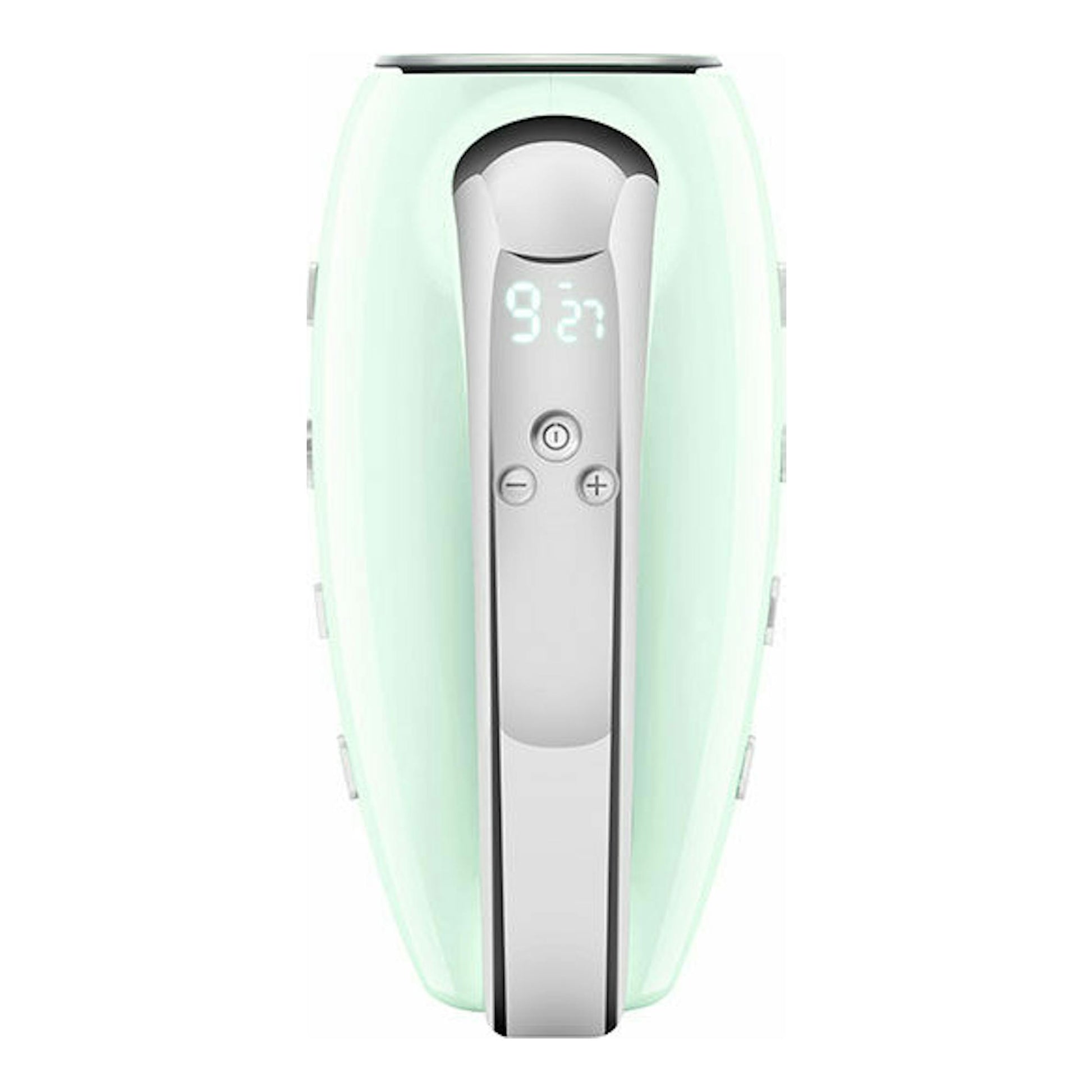 Amasadora Smeg HMF01PGEU verde menta, vista frontal, con pantalla digital y botones en el mango.