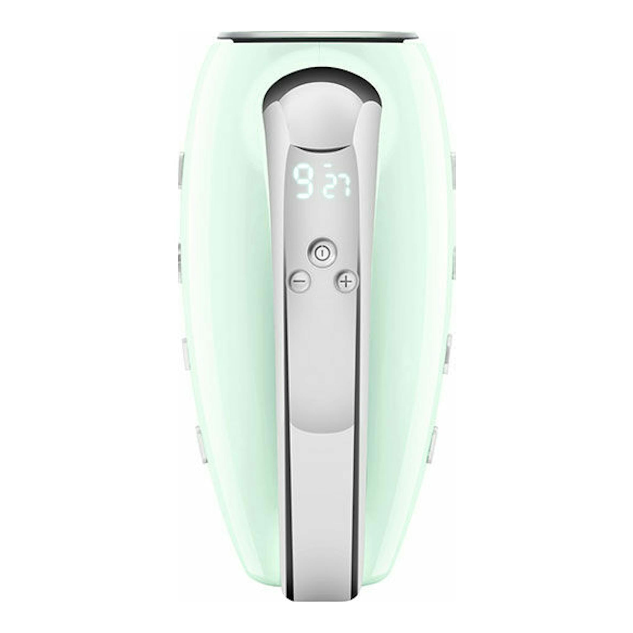 Amasadora Smeg HMF01PGEU verde menta, vista frontal, con pantalla digital y botones en el mango.