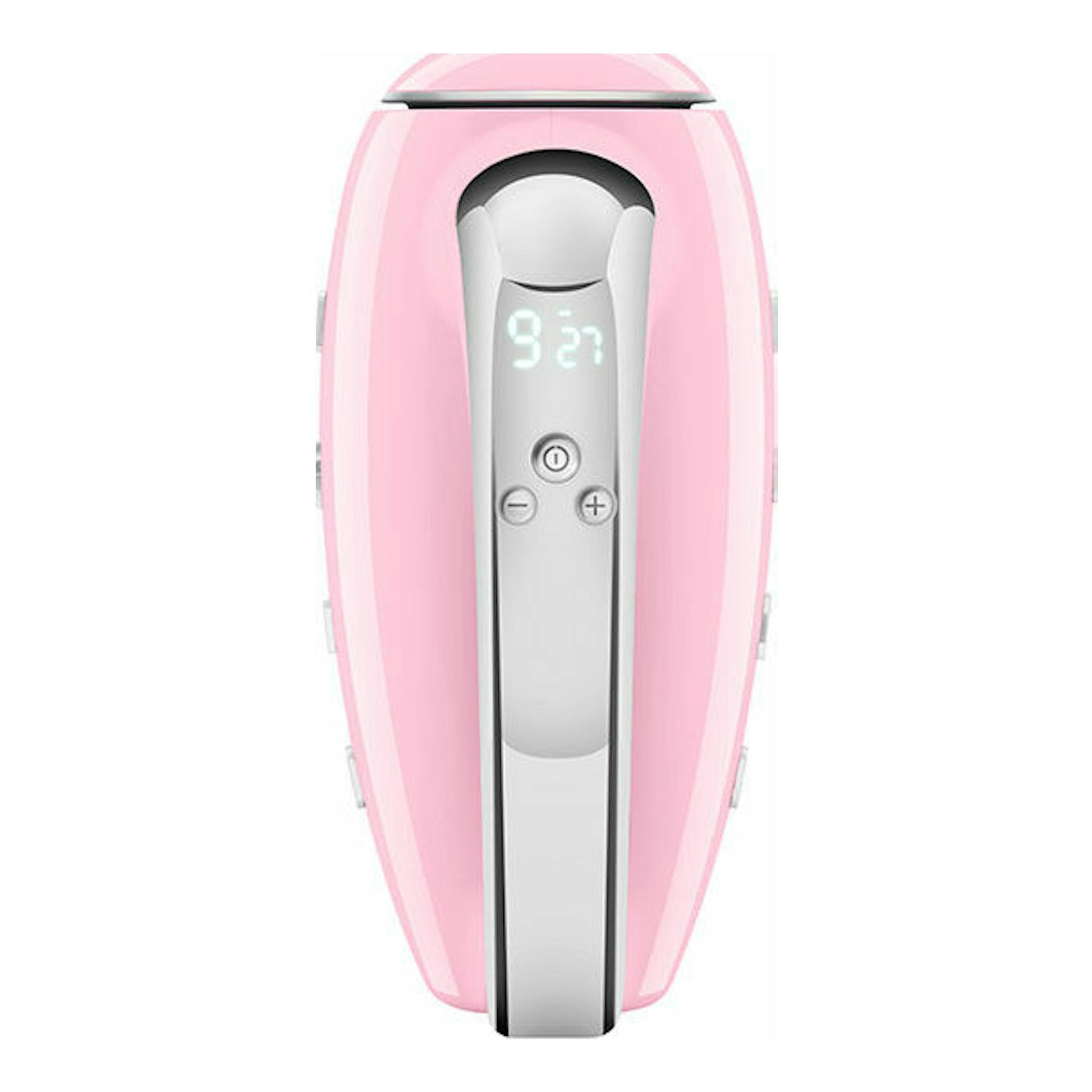Amasadora de mano Smeg HMF01PKEU rosa, vista frontal, con pantalla digital y botones de control.