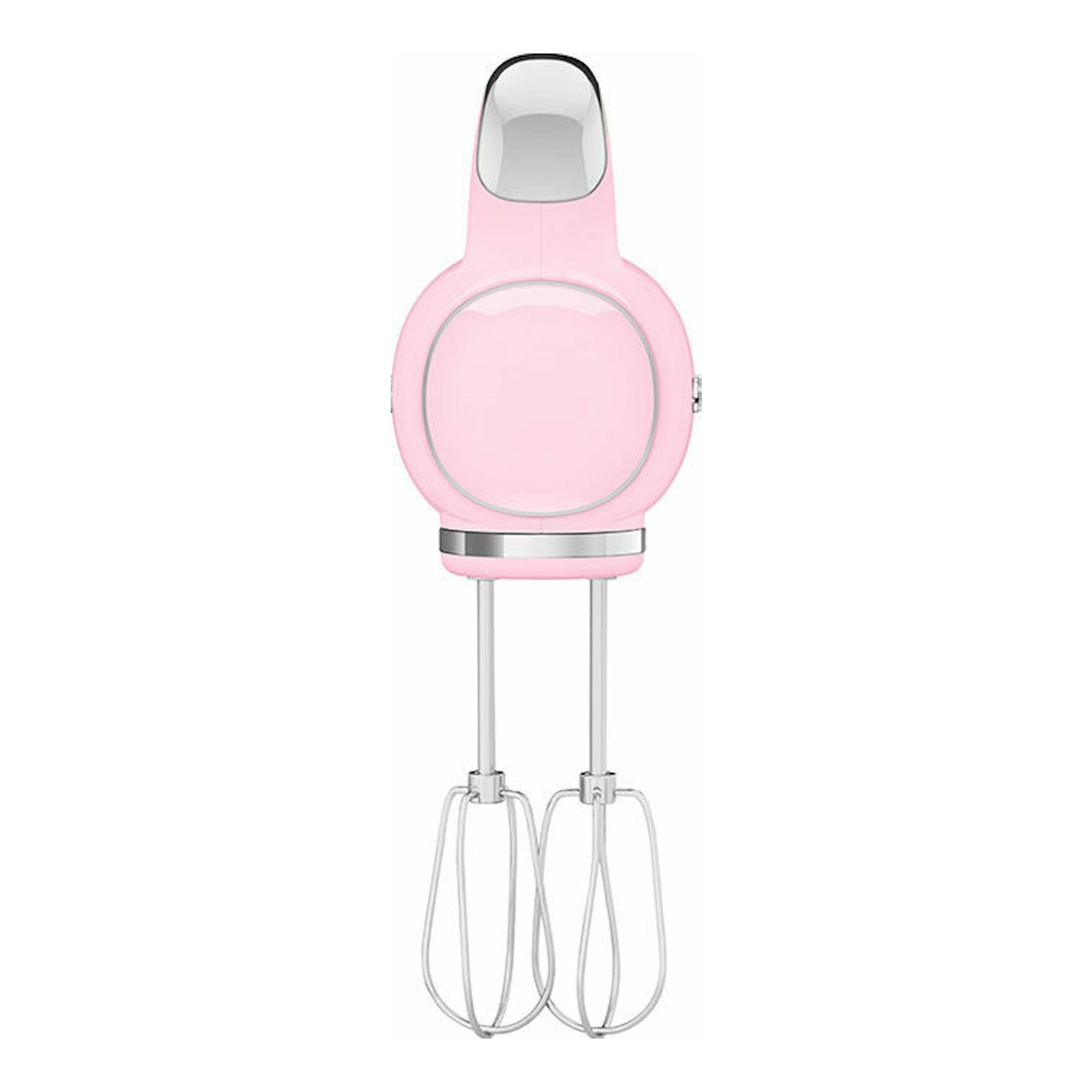 Amasadora Smeg HMF01PKEU rosa, vista frontal, con dos varillas y detalles metálicos.