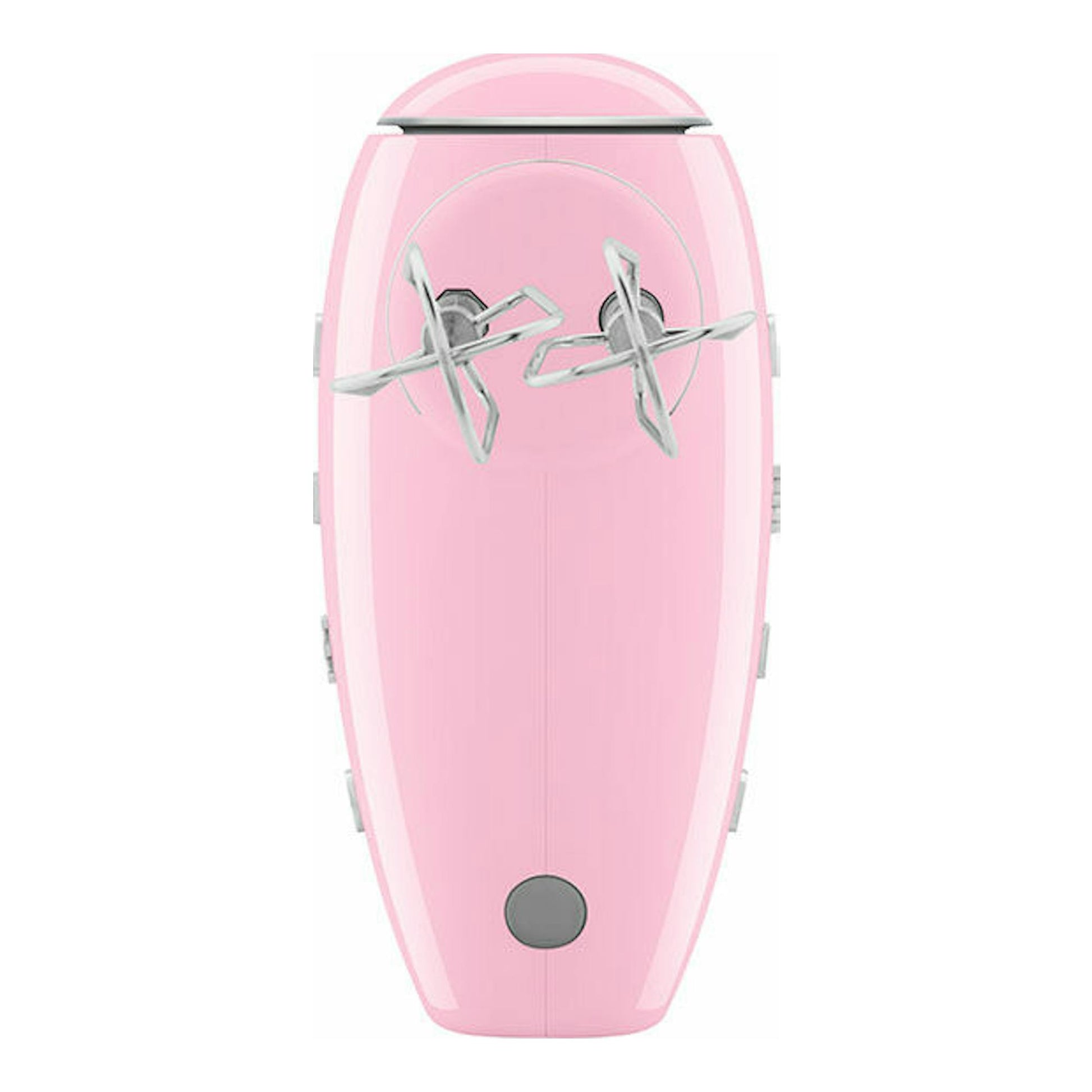 Amasadora Smeg HMF01PKEU rosa, vista frontal con varillas metálicas y fondo blanco.