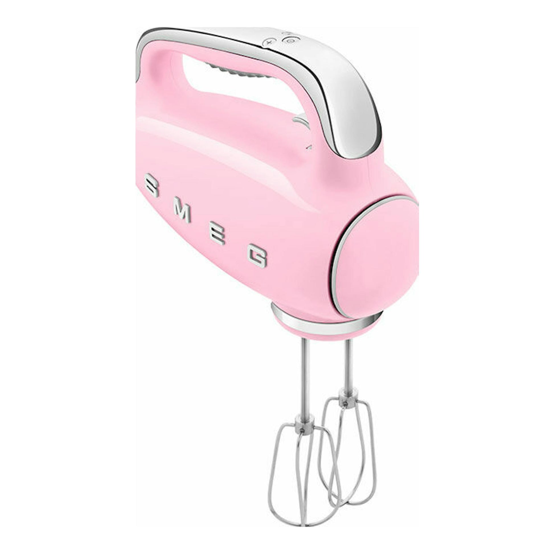 Batidora amasadora Smeg HMF01PKEU rosa y plateada, vista frontal lateral, con varillas dobles.