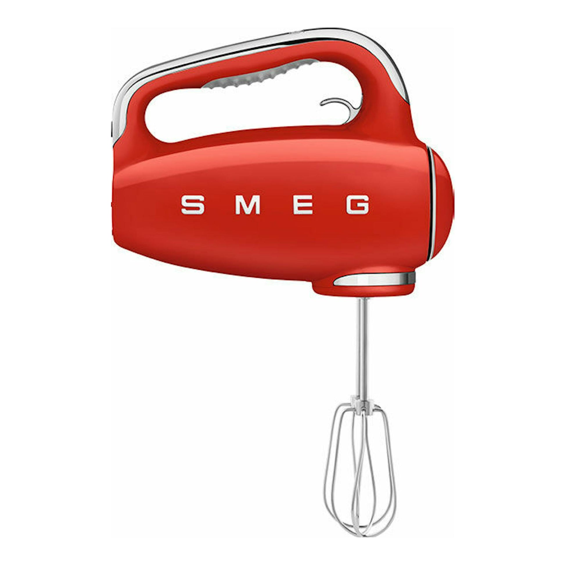 Batidora de mano Smeg HMF01RDEU roja, vista lateral, con varillas metálicas.