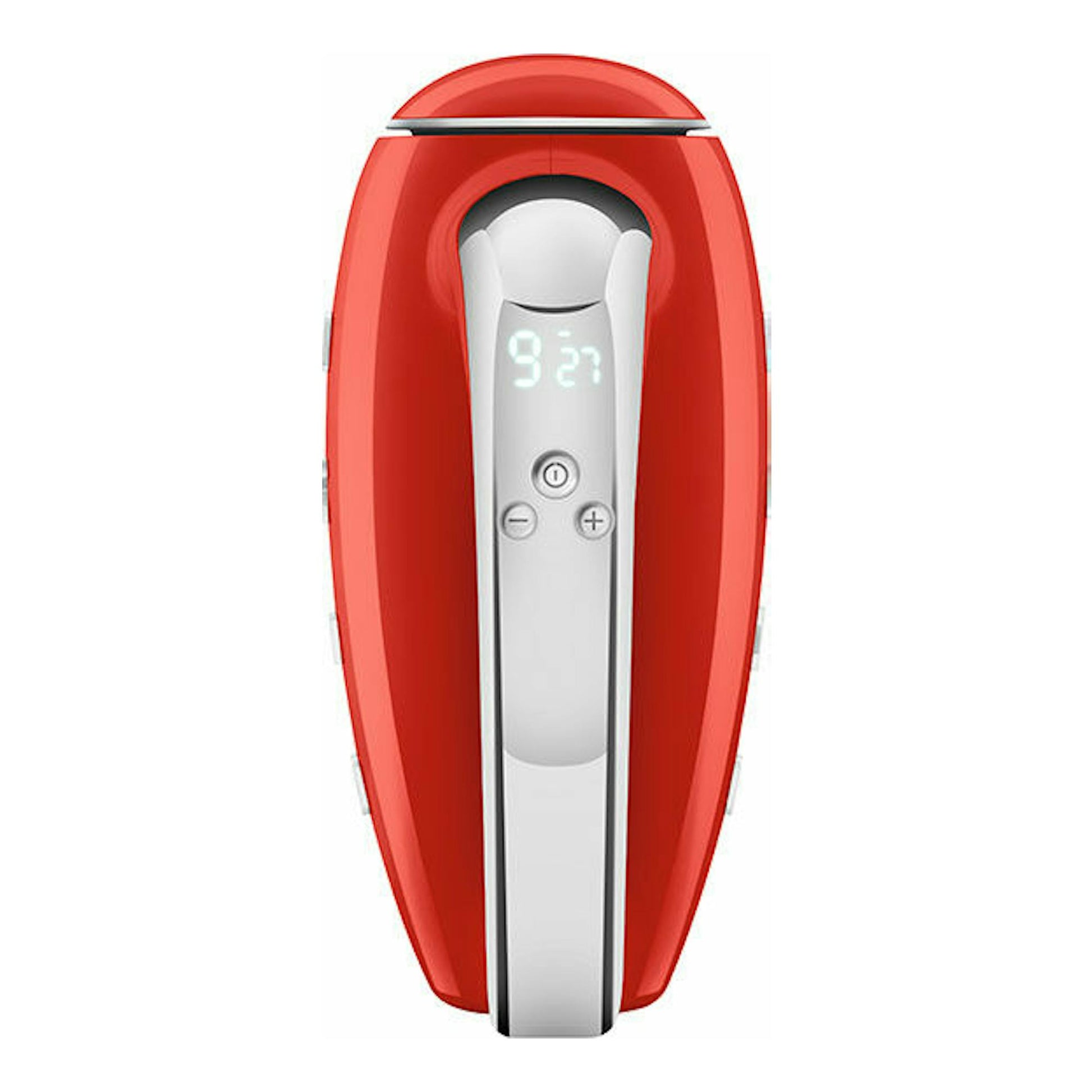 Amasadora Smeg HMF01RDEU roja, vista frontal, con panel plateado y pantalla digital.