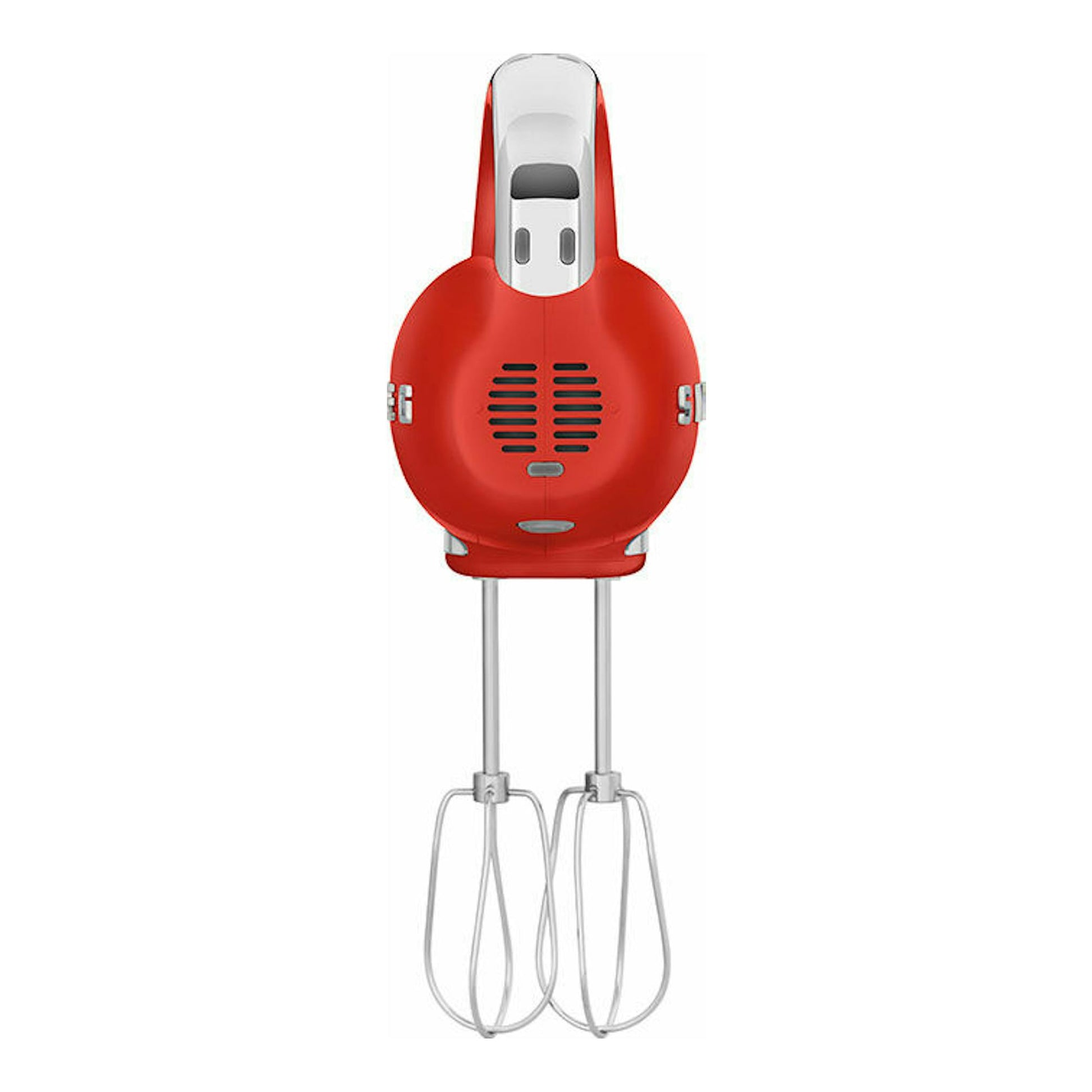 Batidora de mano Smeg HMF01RDEU roja, vista frontal, con dos varillas batidoras sobre fondo blanco.