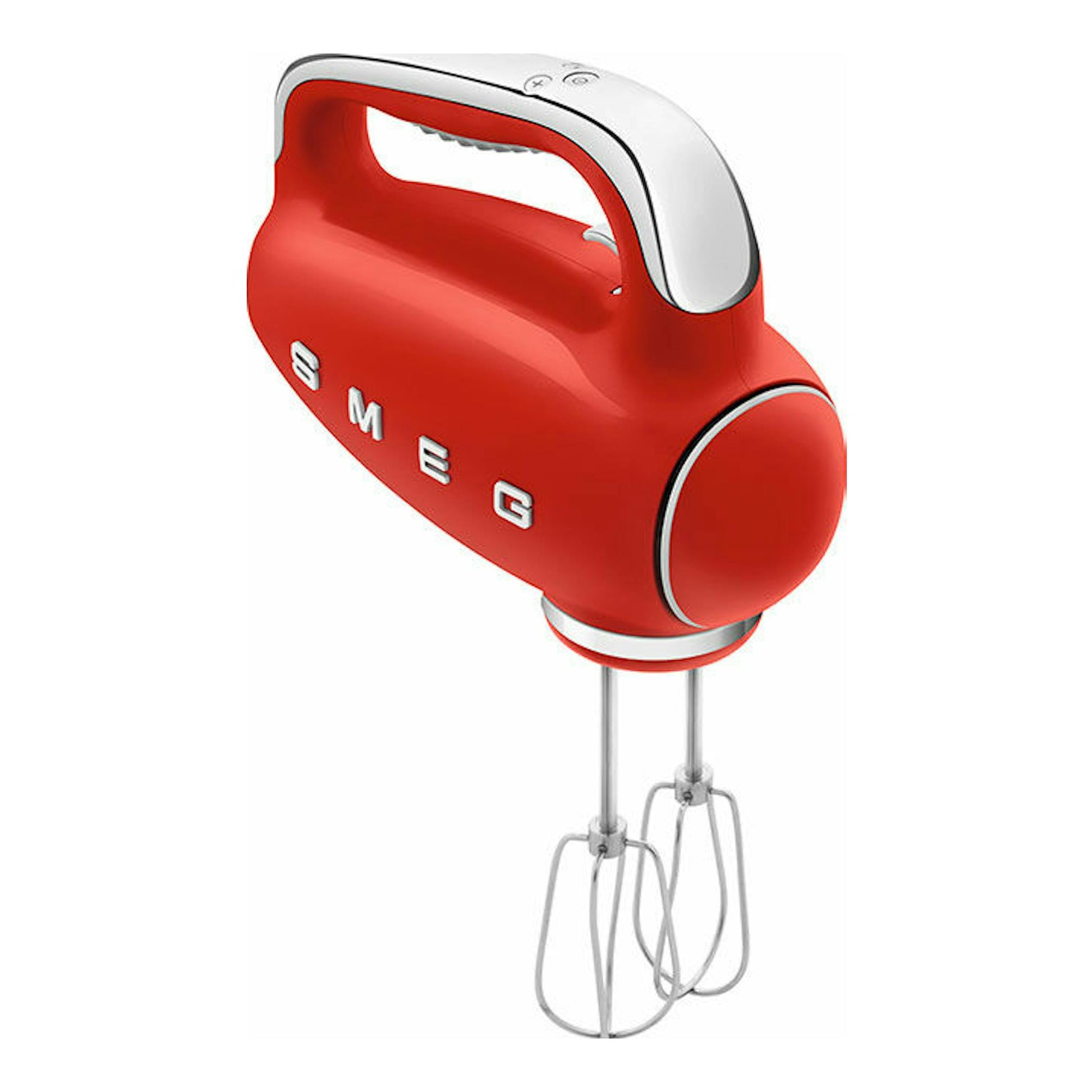 Batidora de mano Smeg HMF01RDEU roja y blanca, vista en tres cuartos, con dos varillas batidoras.