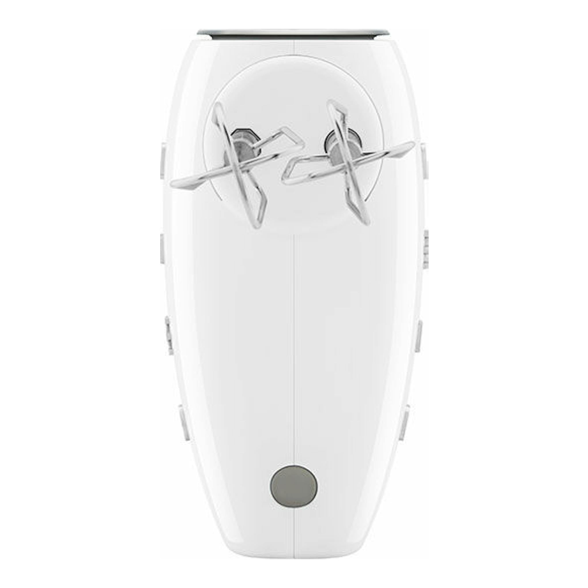 Amasadora Smeg HMF01WHEU blanca, vista frontal, con varillas metálicas.