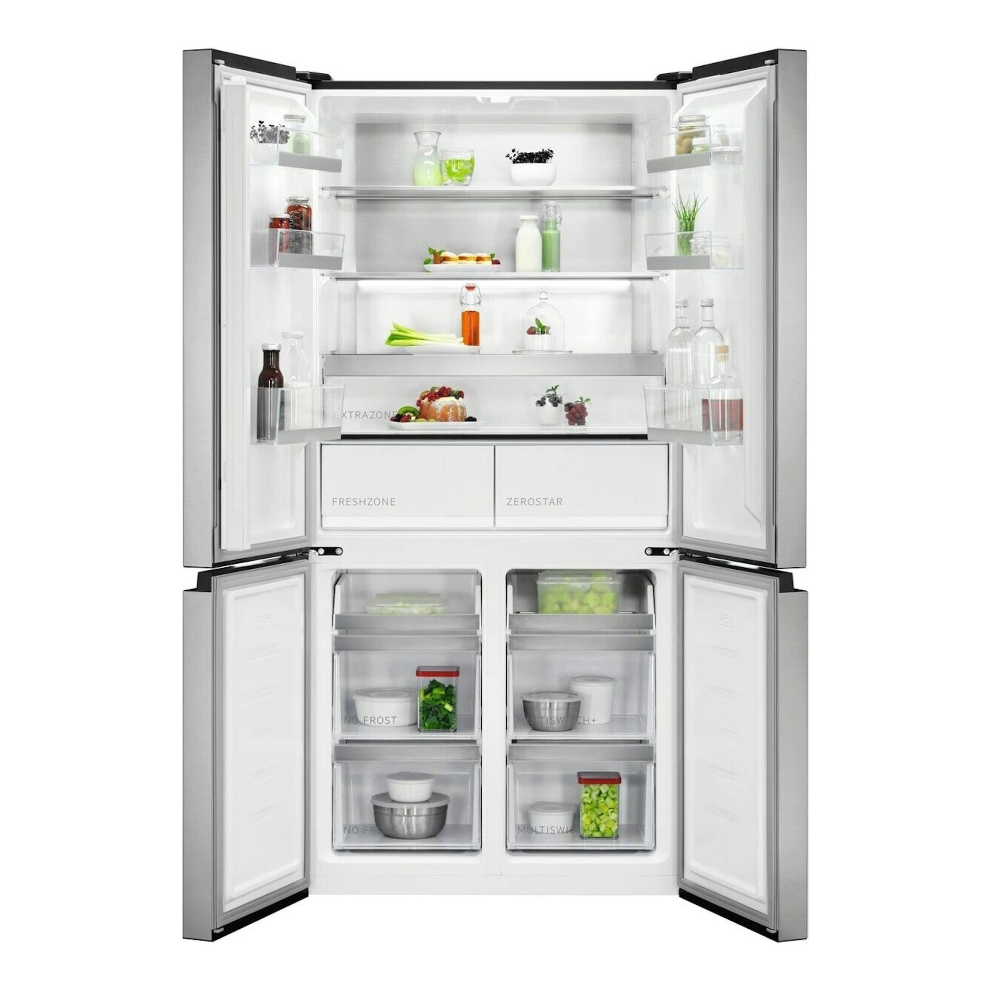 Frigorífico americano AEG RMB952D6VU de 4 puertas, vista frontal abierta, interior blanco No Frost.