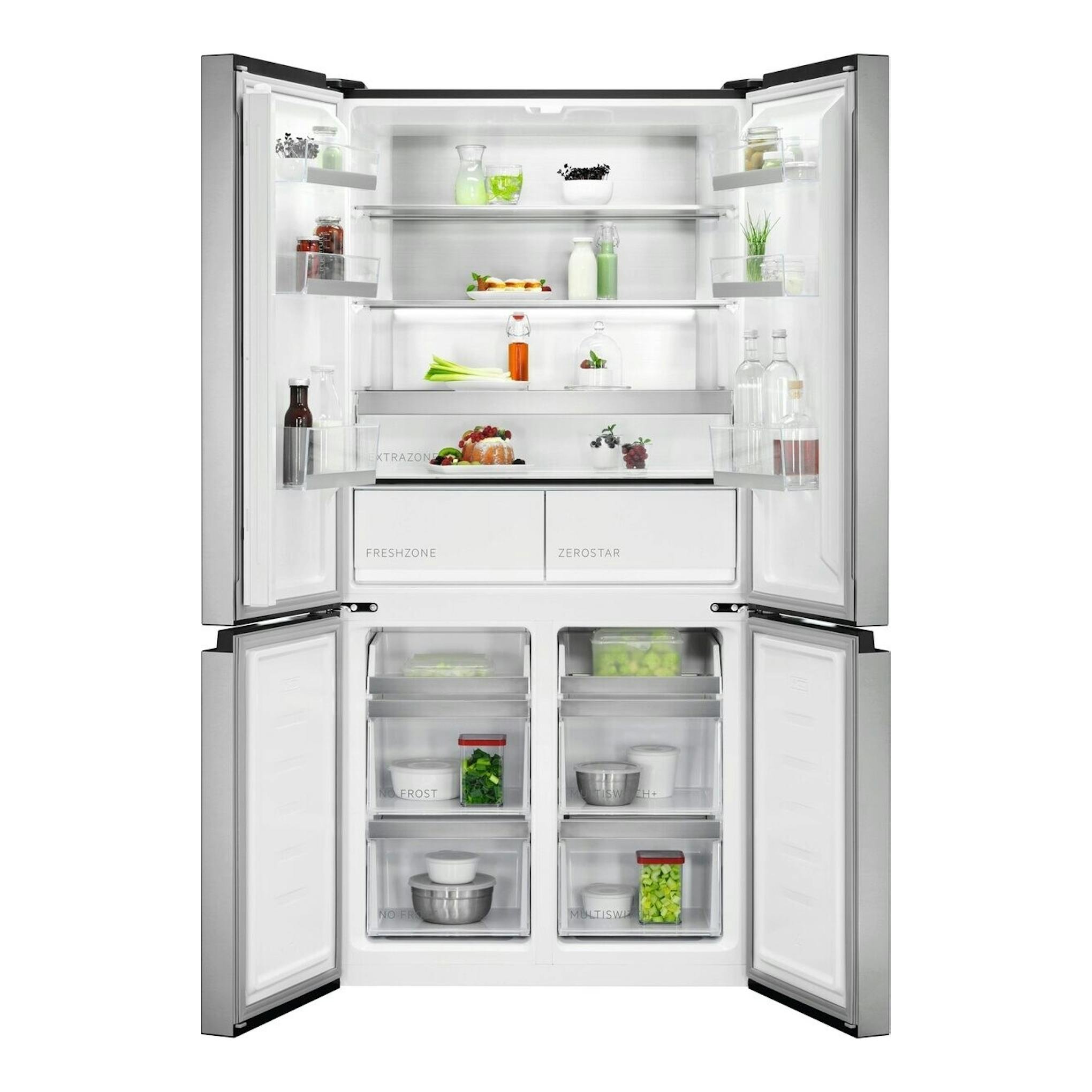 Frigorífico americano AEG RMB952D6VU de 4 puertas, vista frontal abierta, interior blanco No Frost.