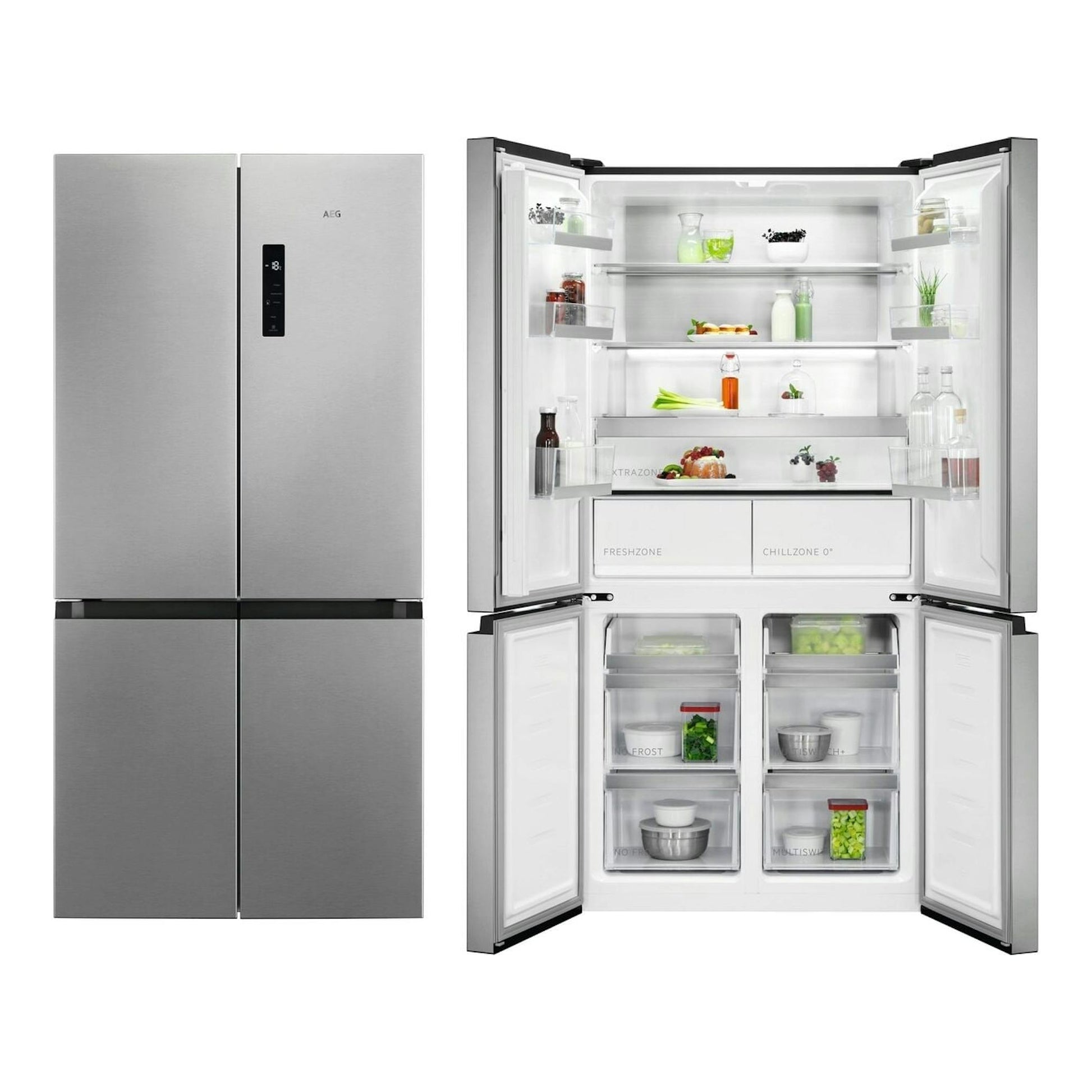 Frigorífico americano AEG RMB952D6VU, 4 puertas, acero inoxidable, vista frontal y abierto