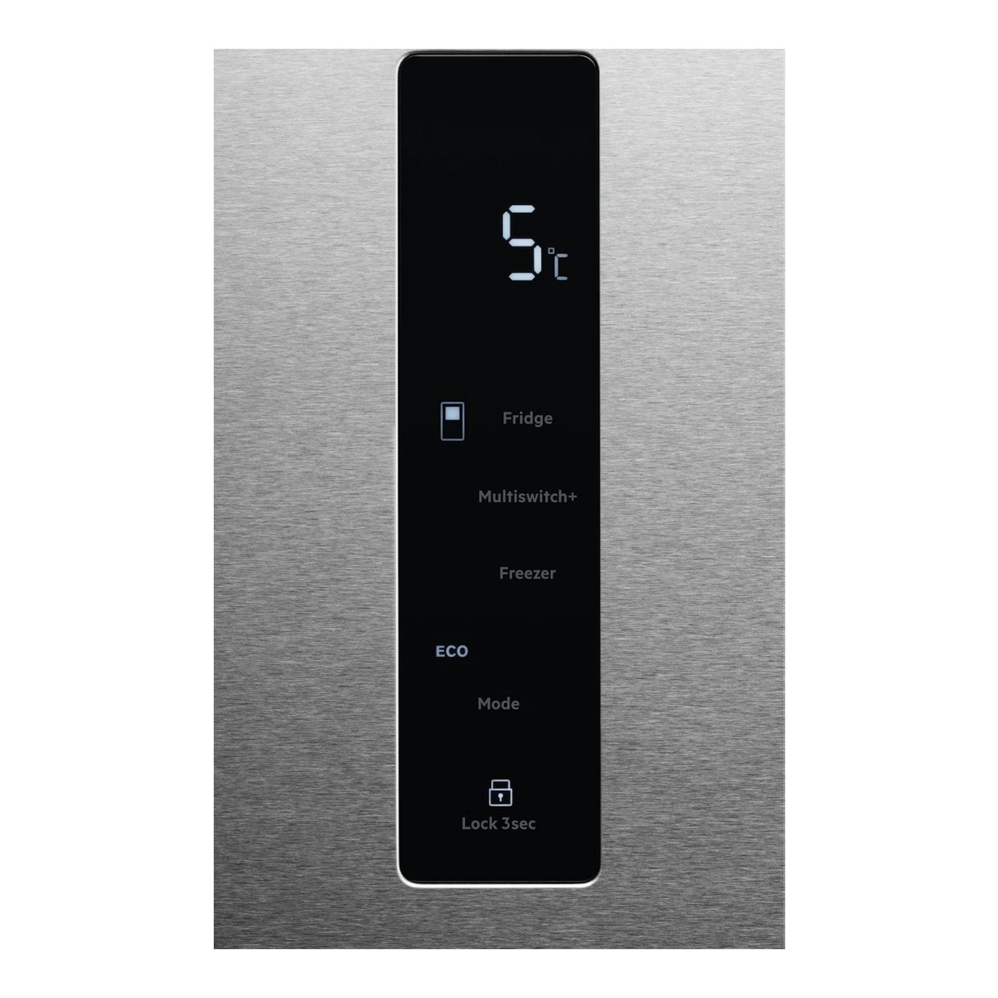 AEG RMB952D6VU, vista frontal de frigorífico inox con panel negro, pantalla de 5 °C y modos.