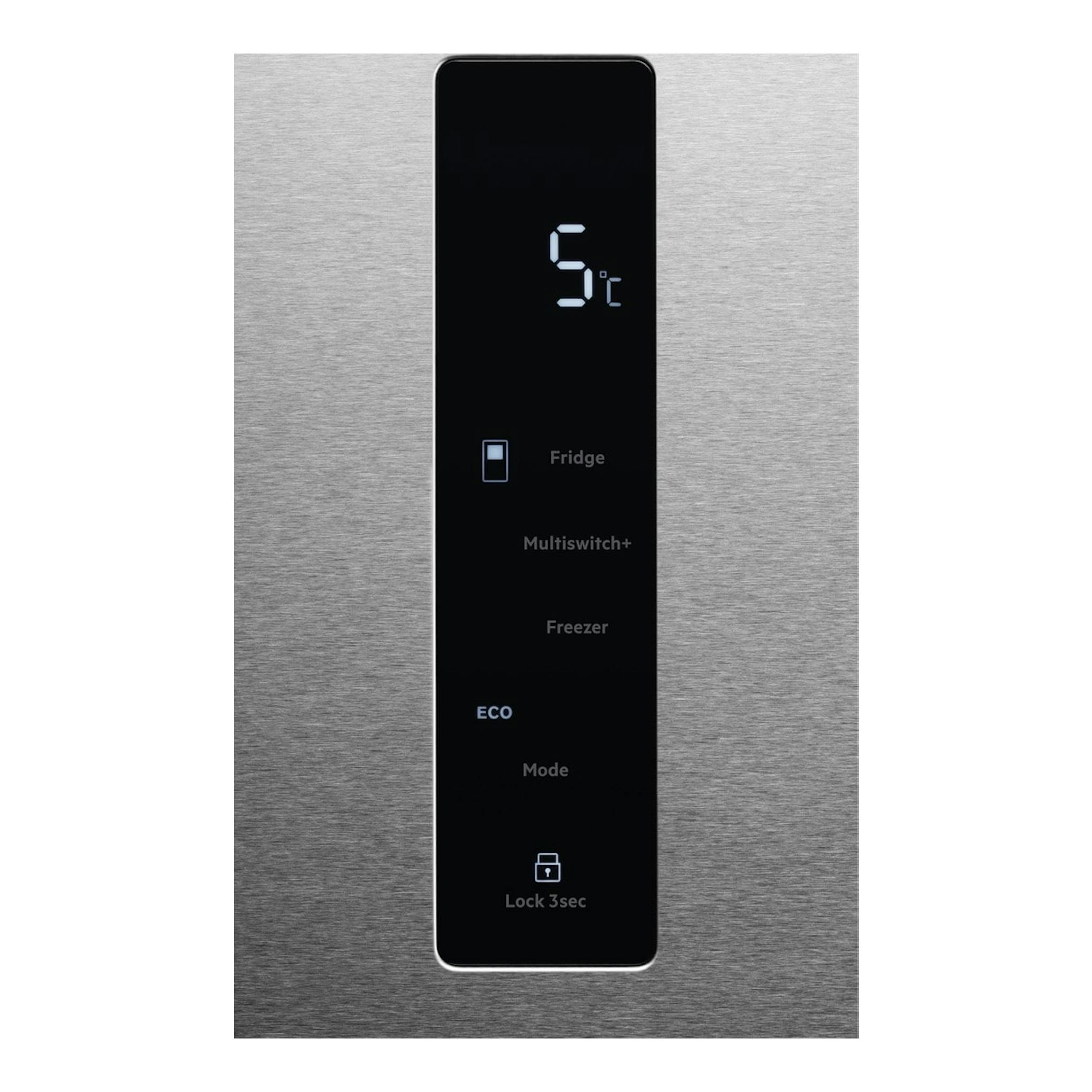 AEG RMB952D6VU, vista frontal de frigorífico inox con panel negro, pantalla de 5 °C y modos.