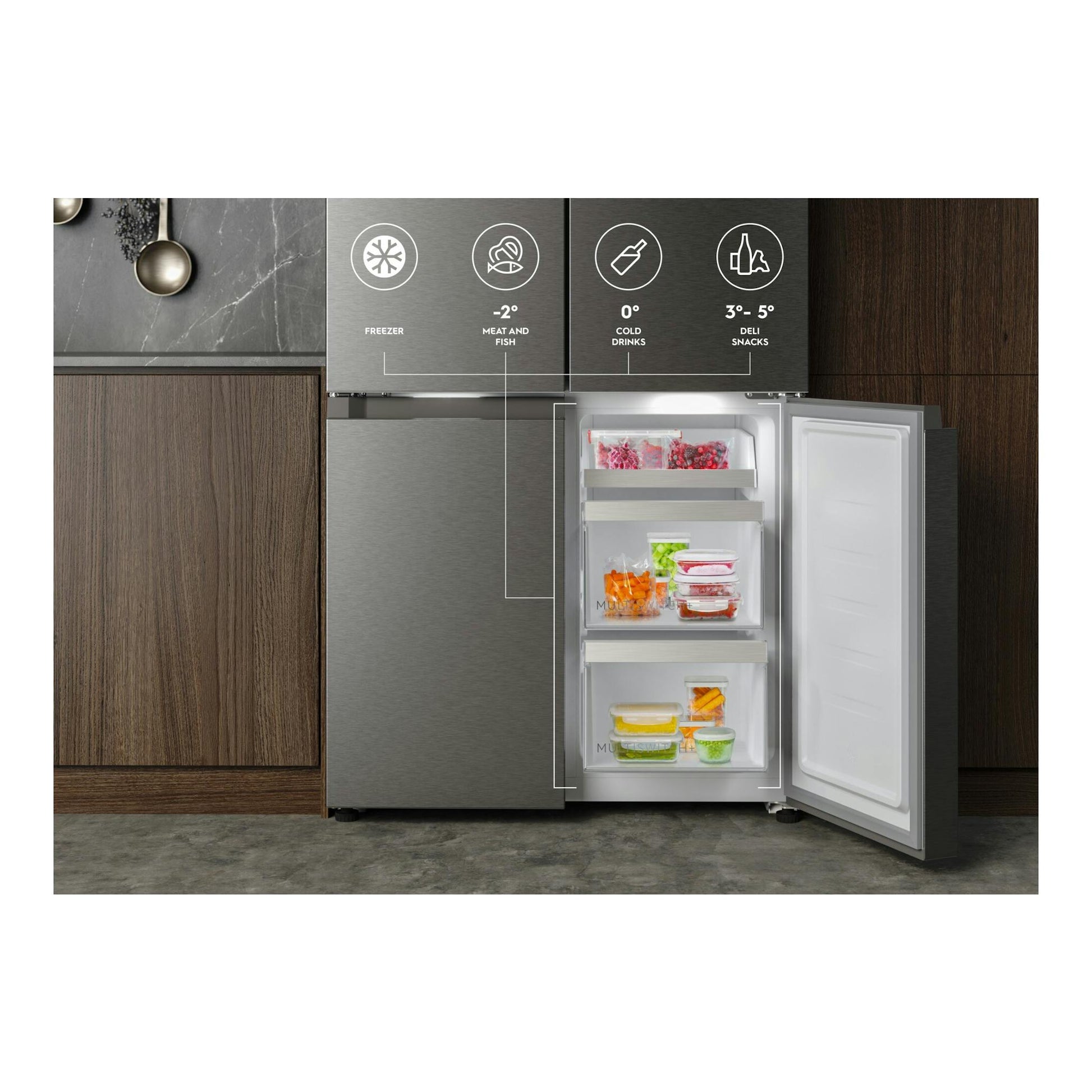 Frigorífico AEG RMB952D6VU de acero inoxidable, vista frontal con una puerta abierta y compartimentos visibles.