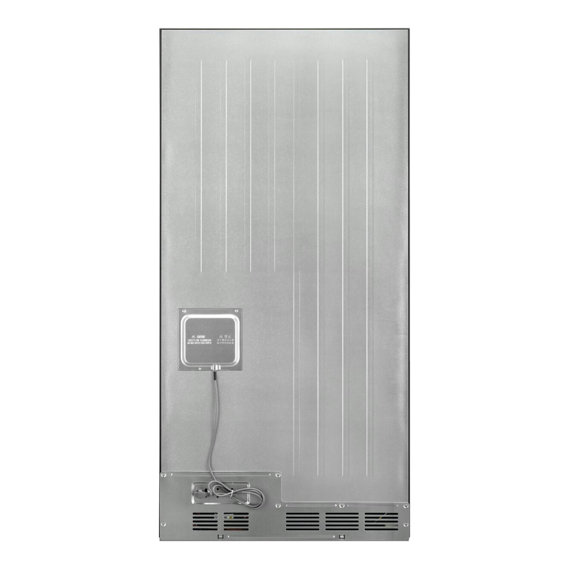 Vista trasera de frigorífico AEG RMB952D6VU, panel metálico plateado con rejillas y cableado.