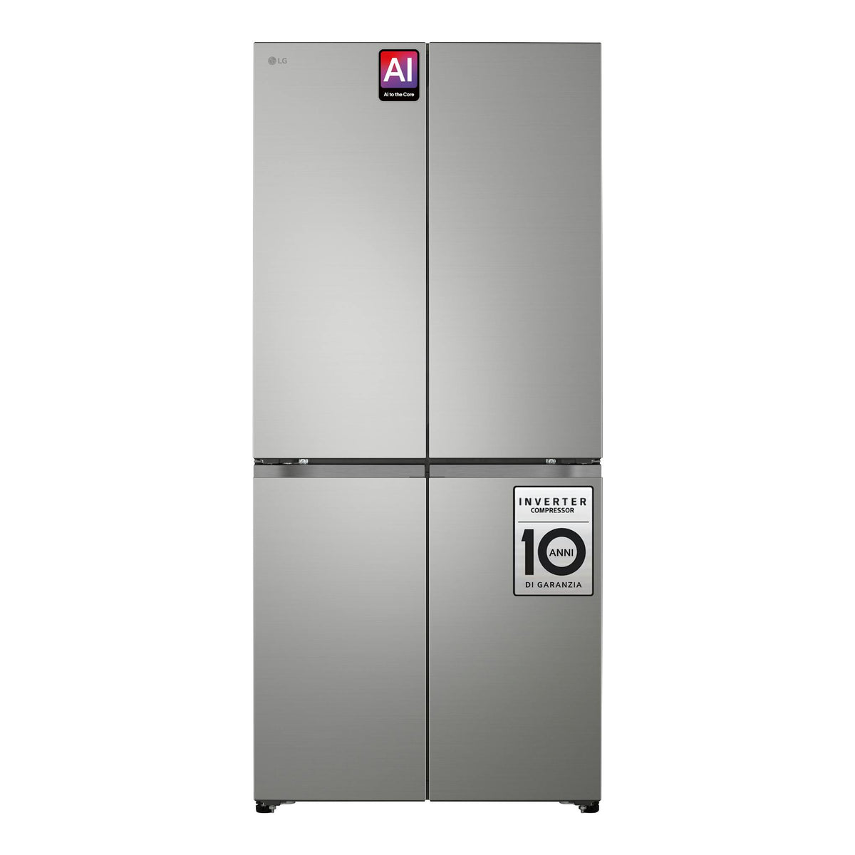 Frigorífico americano LG GMBS30SDPY gris plateado, vista frontal, con cuatro puertas.