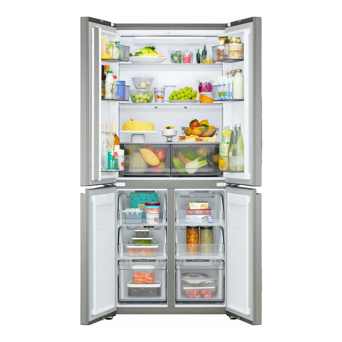 Frigorífico americano LG GMBS30SEPY inox, visto de frente y con las cuatro puertas abiertas.