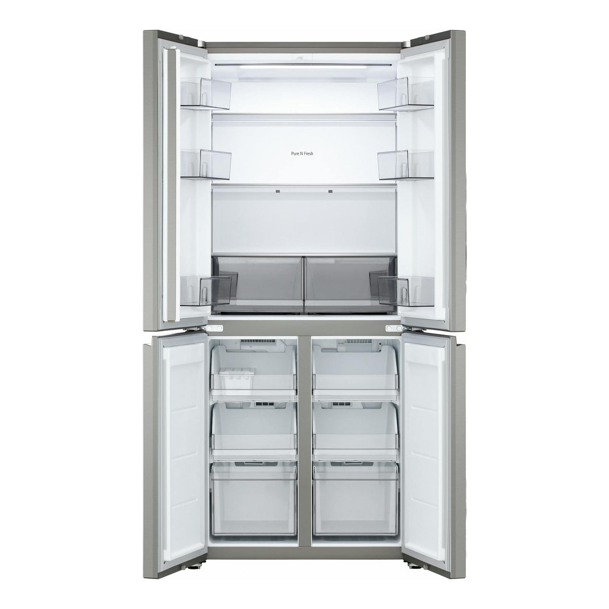 Frigorífico americano LG GMBS30SEPY en acero inoxidable, puertas abiertas, vista frontal del interior.