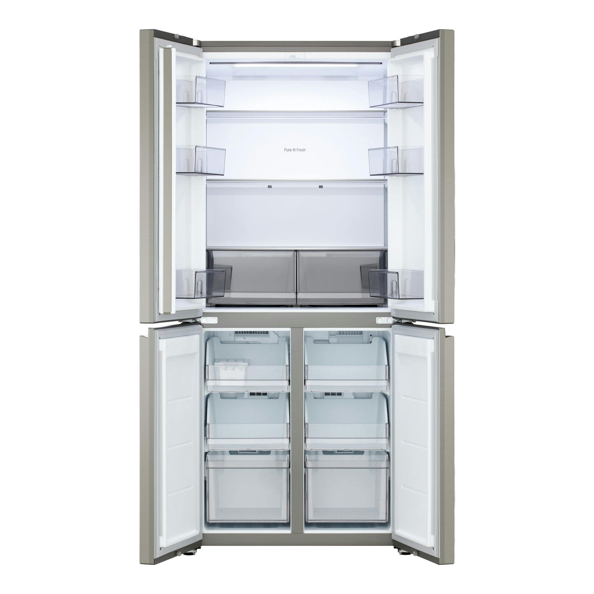 Frigorífico americano LG GMBS30SEPY inox, visto de frente con las puertas abiertas y el interior visible.