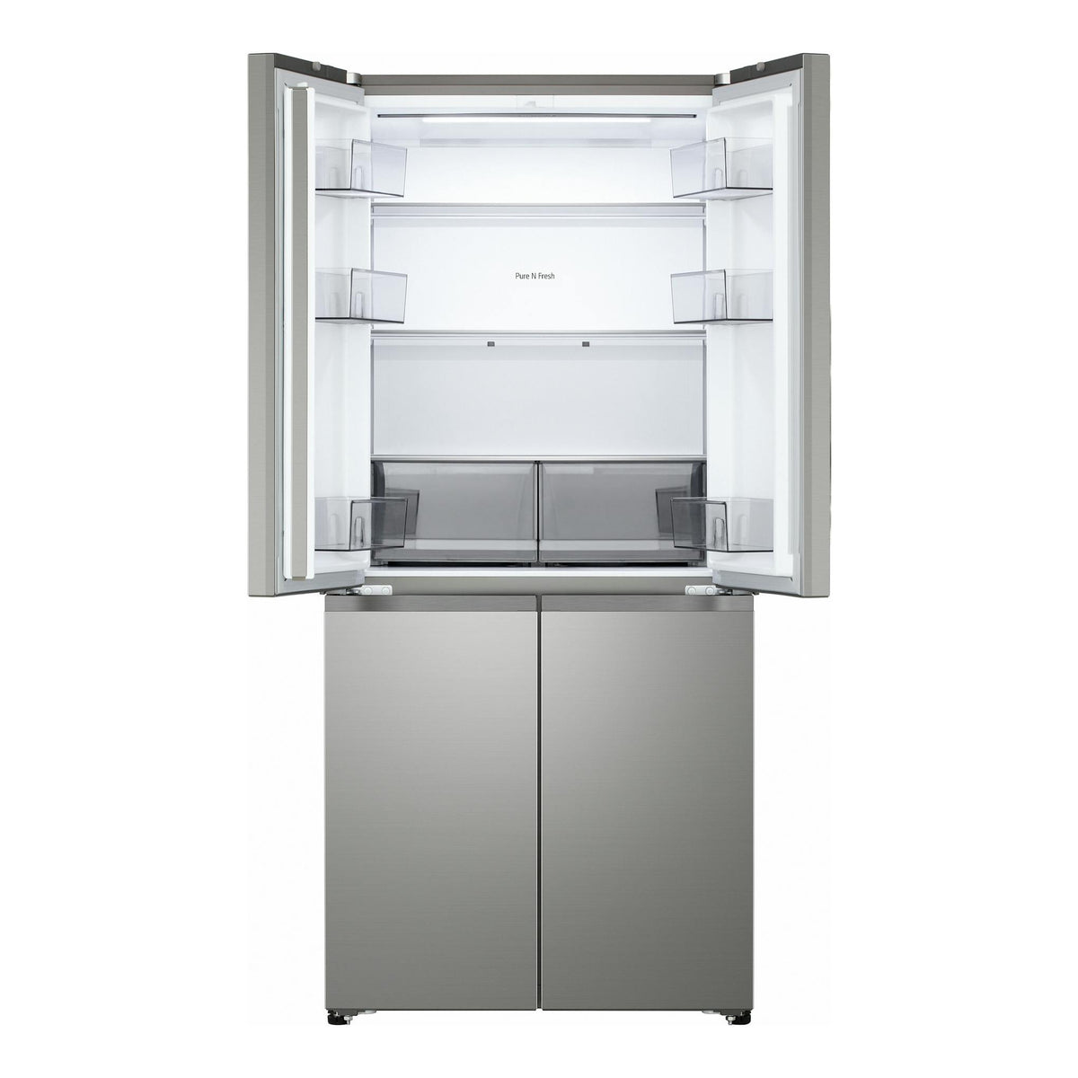 Frigorífico americano LG GMBS30SEPY en inox, vista frontal con puertas abiertas e interior visible.