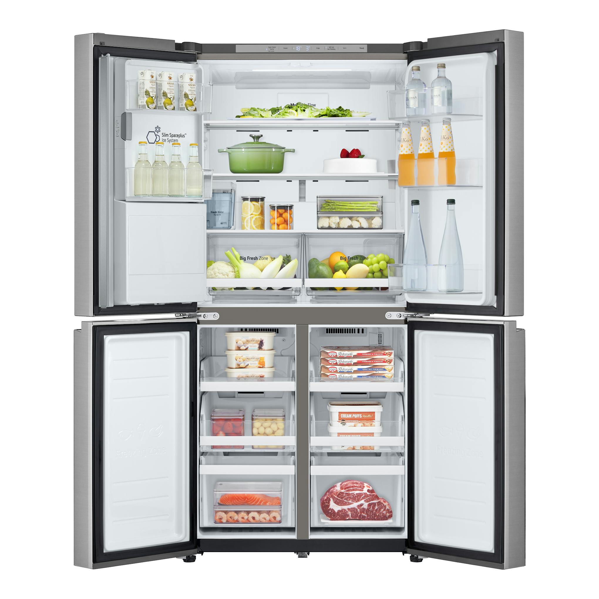 Frigorífico americano LG GML860PYFE inox, vista frontal abierta de 4 puertas.