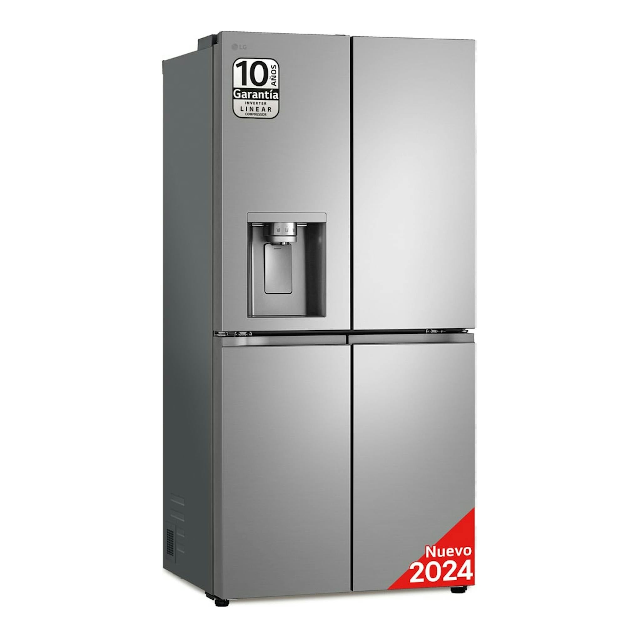 Frigorífico LG GML860PYFE inox de 4 puertas, vista frontal con dispensador de agua.