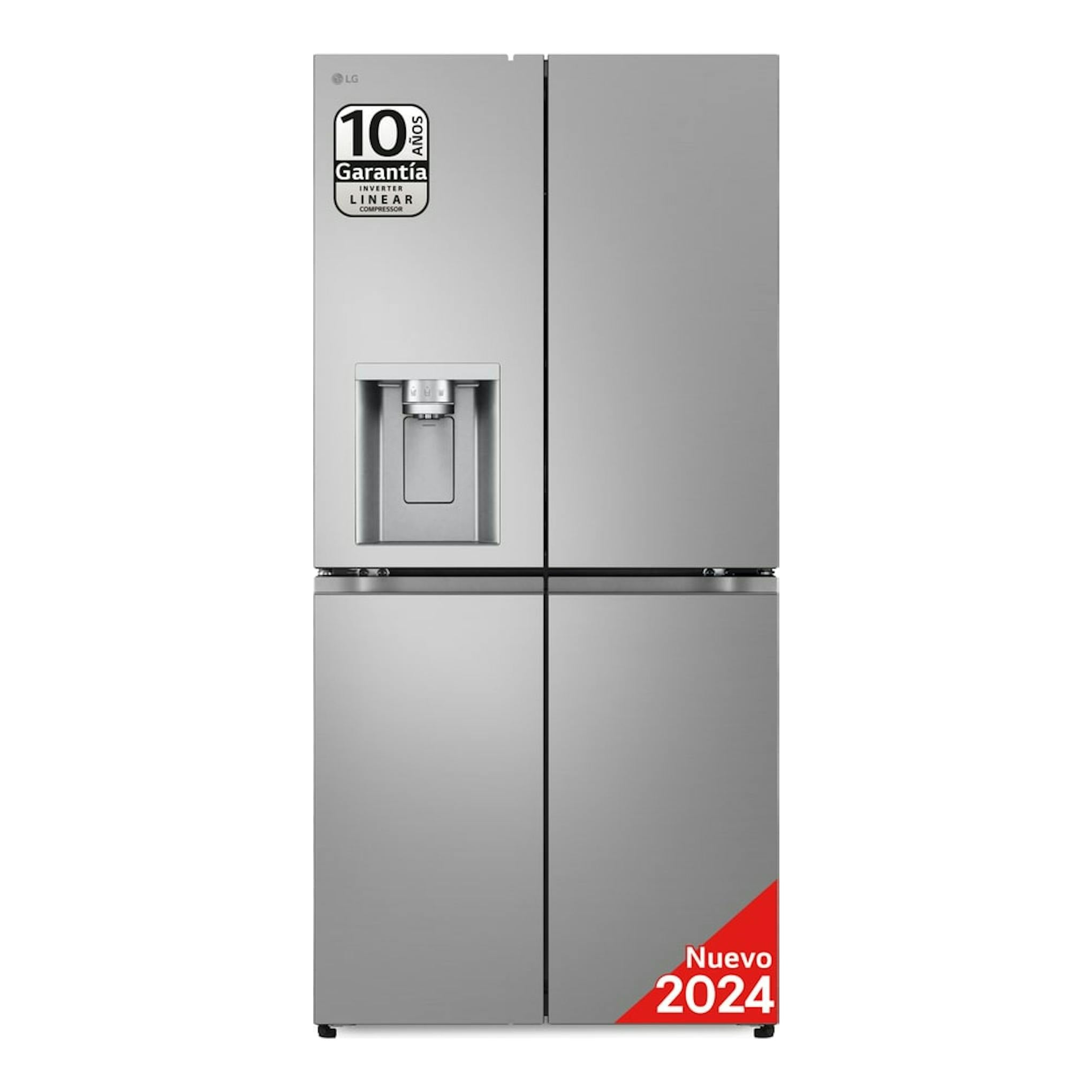 Frigorífico LG GML860PYFE inox de cuatro puertas, vista frontal, con dispensador de agua y hielo.