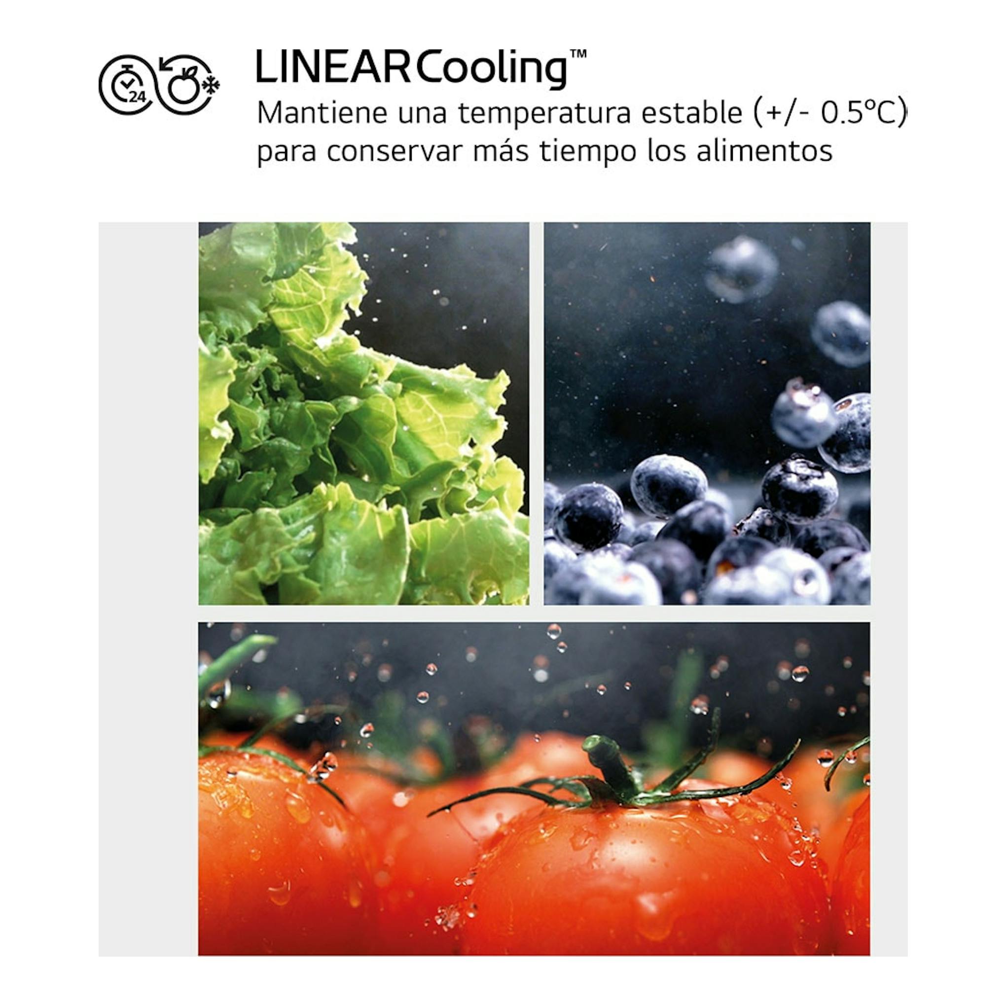 LG GML860PYFE, gráfico promocional de LINEARCooling con lechuga, arándanos y tomates.
