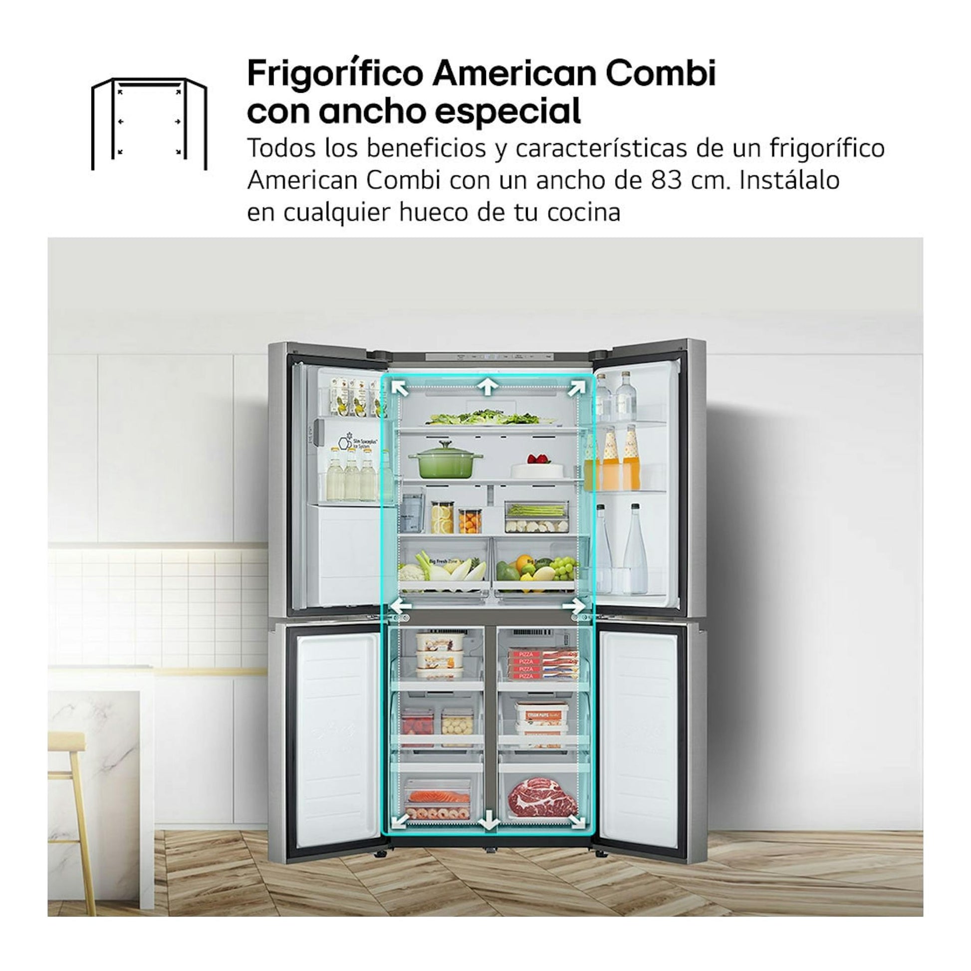 Frigorífico americano LG GML860PYFE de 4 puertas, abierto, en color inox, visto de frente.