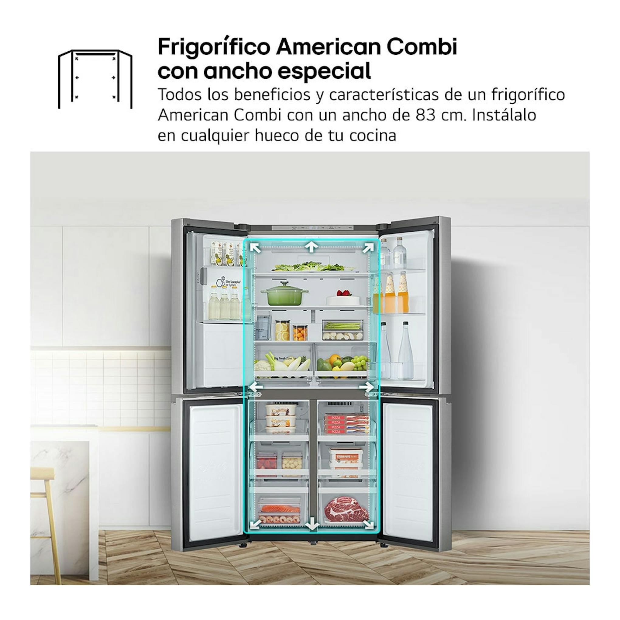 Frigorífico americano LG GML860PYFE de 4 puertas, abierto, en color inox, visto de frente.